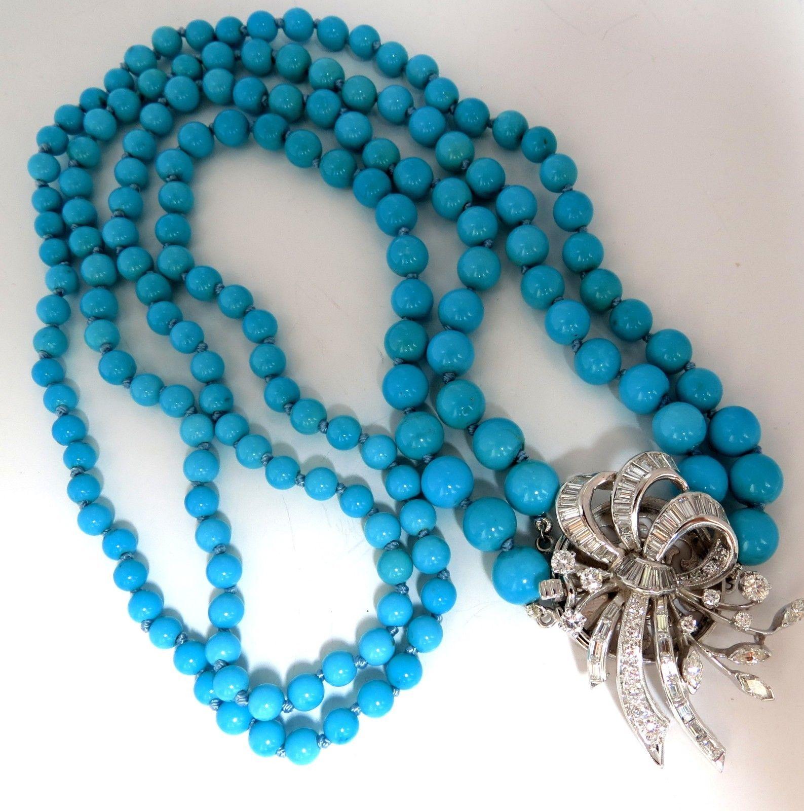 Women's or Men's 3.50 Carat Natural Diamonds Turquoise Beads Double Stranded Necklace 14 Karat