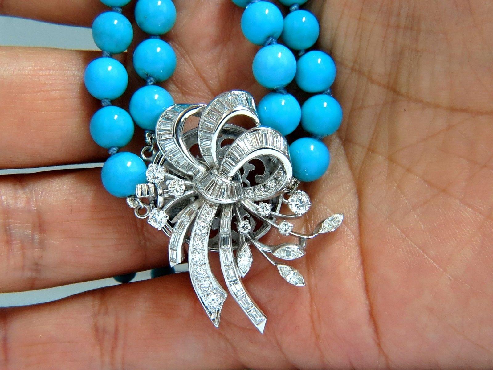 3.50 Carat Natural Diamonds Turquoise Beads Double Stranded Necklace 14 Karat 2
