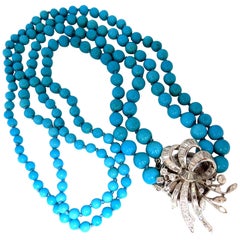 3.50 Carat Natural Diamonds Turquoise Beads Double Stranded Necklace 14 Karat
