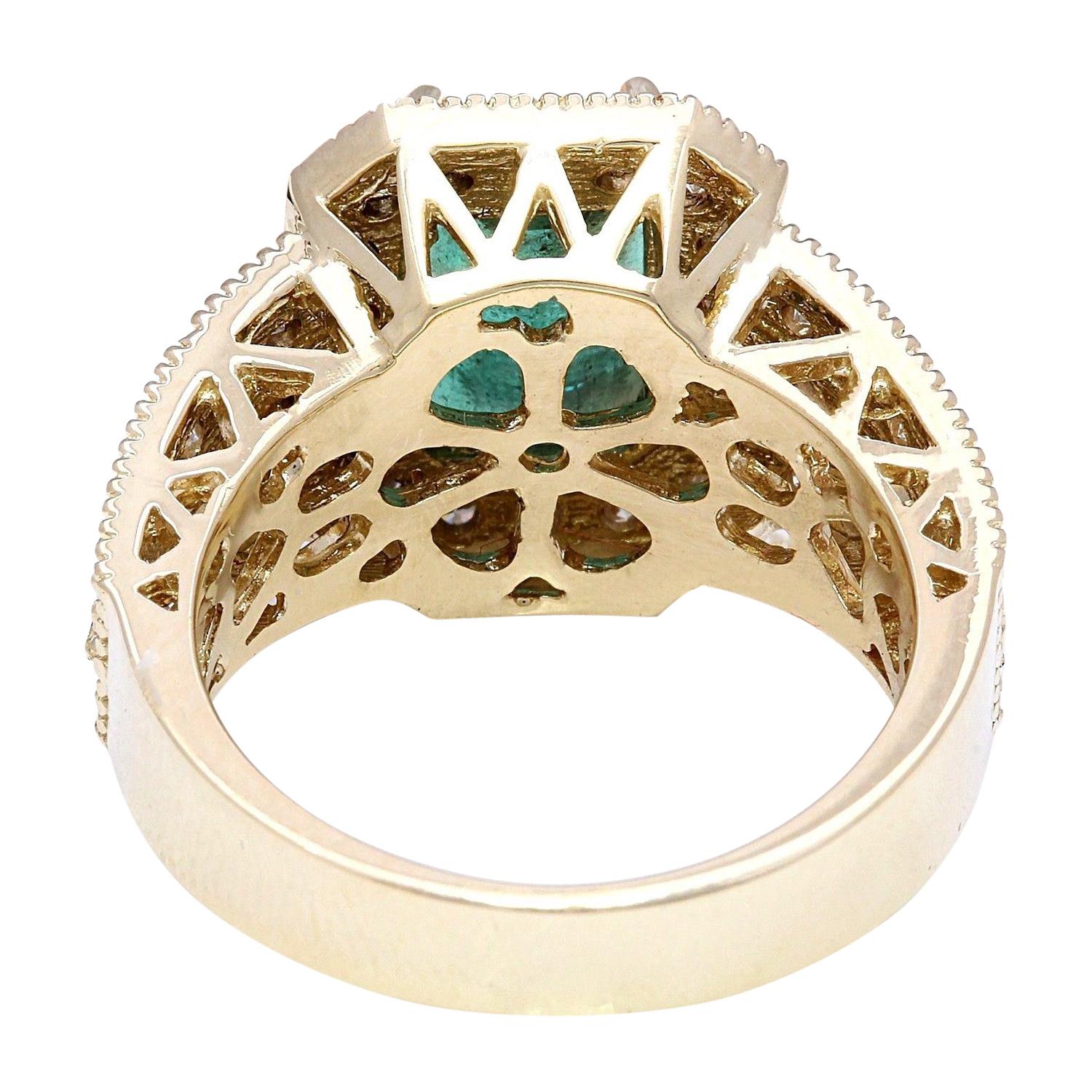 Modern Emerald Diamond Ring In 14 Karat Solid Yellow Gold  For Sale