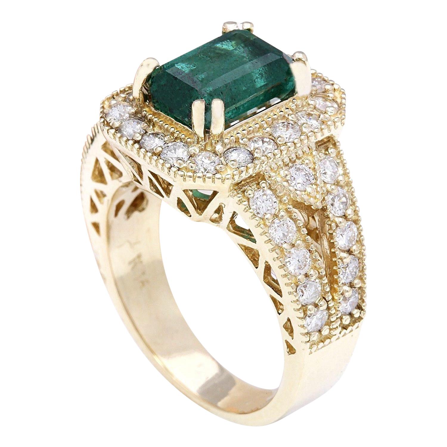 Emerald Cut Emerald Diamond Ring In 14 Karat Solid Yellow Gold For Sale