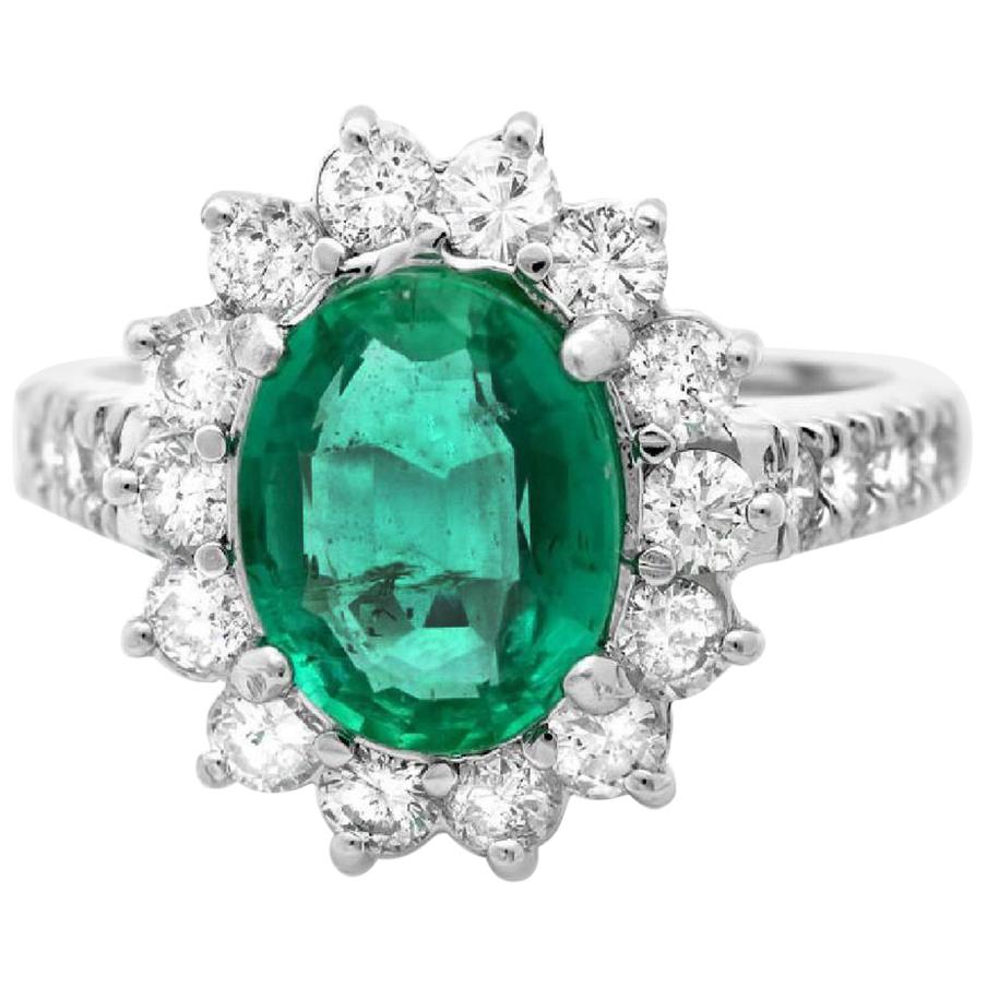 3.50 Carat Natural Emerald and Diamond 14 Karat Solid White Gold Ring For Sale