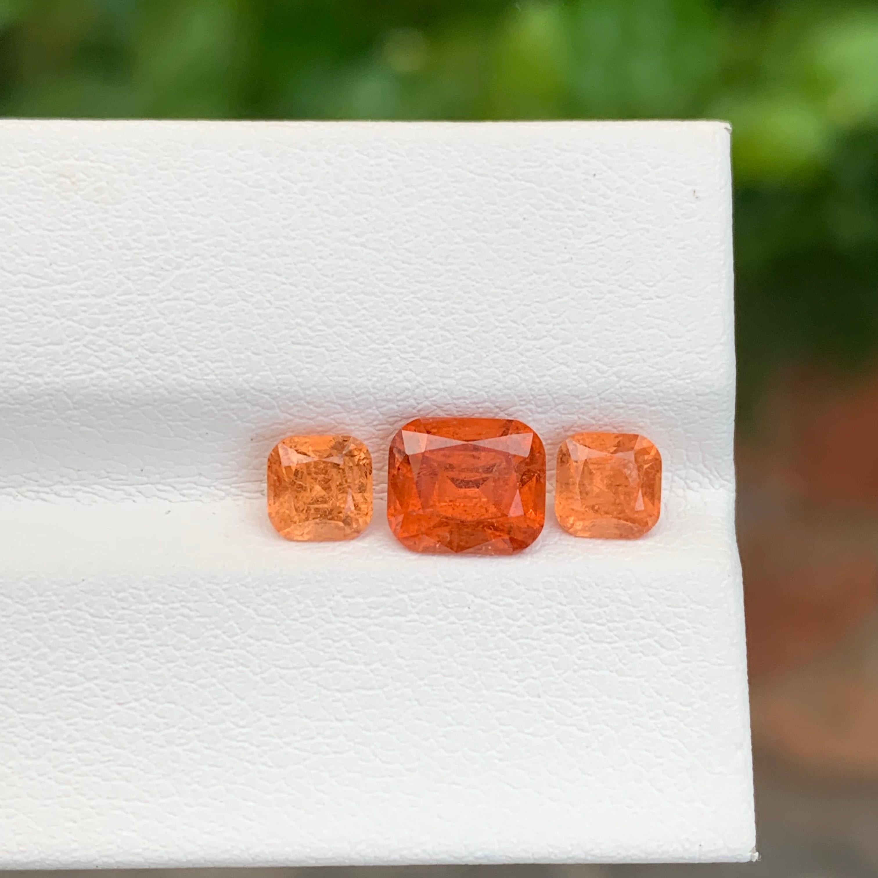 Loose Spessartine Garnet
Weight: 3.50 Carats
Sizes: 1.95 Carat Middle One 
           1.50 Carat Spessartine Pair 
Colour: Orange
Treatment: Non
Shape: Cushion
Certificate: On Demand 


Spessartine garnet, often referred to simply as spessartine, is