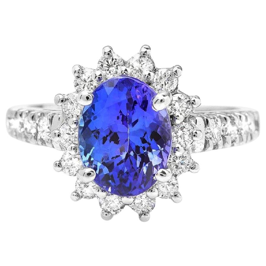 3.50 Carat Natural Very Nice Looking Tanzanite and Diamond 14K Solid White Gold For Sale