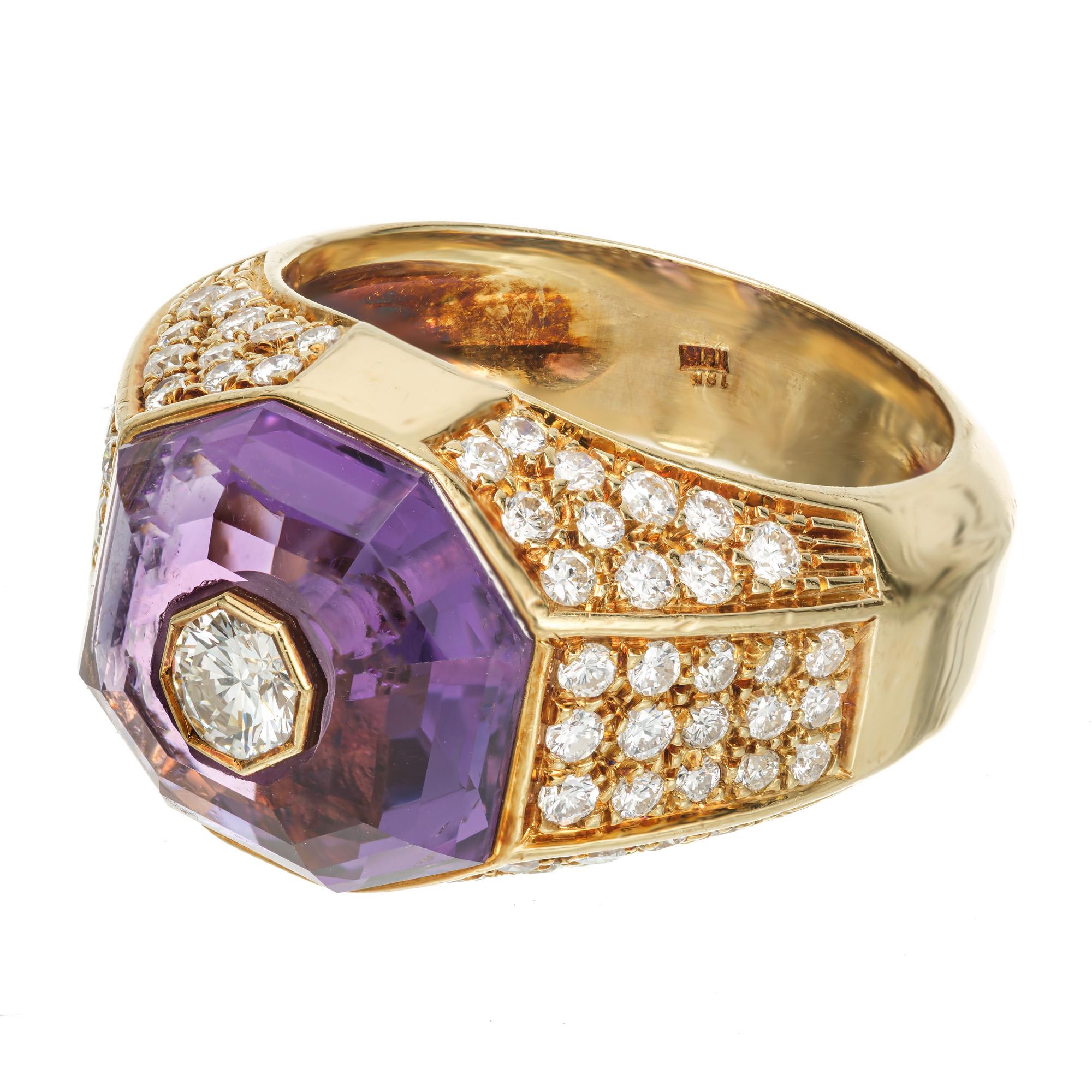 Octagon Cut 3.50 Carat Octagonal Amethyst Halo Diamond Gold Ring For Sale