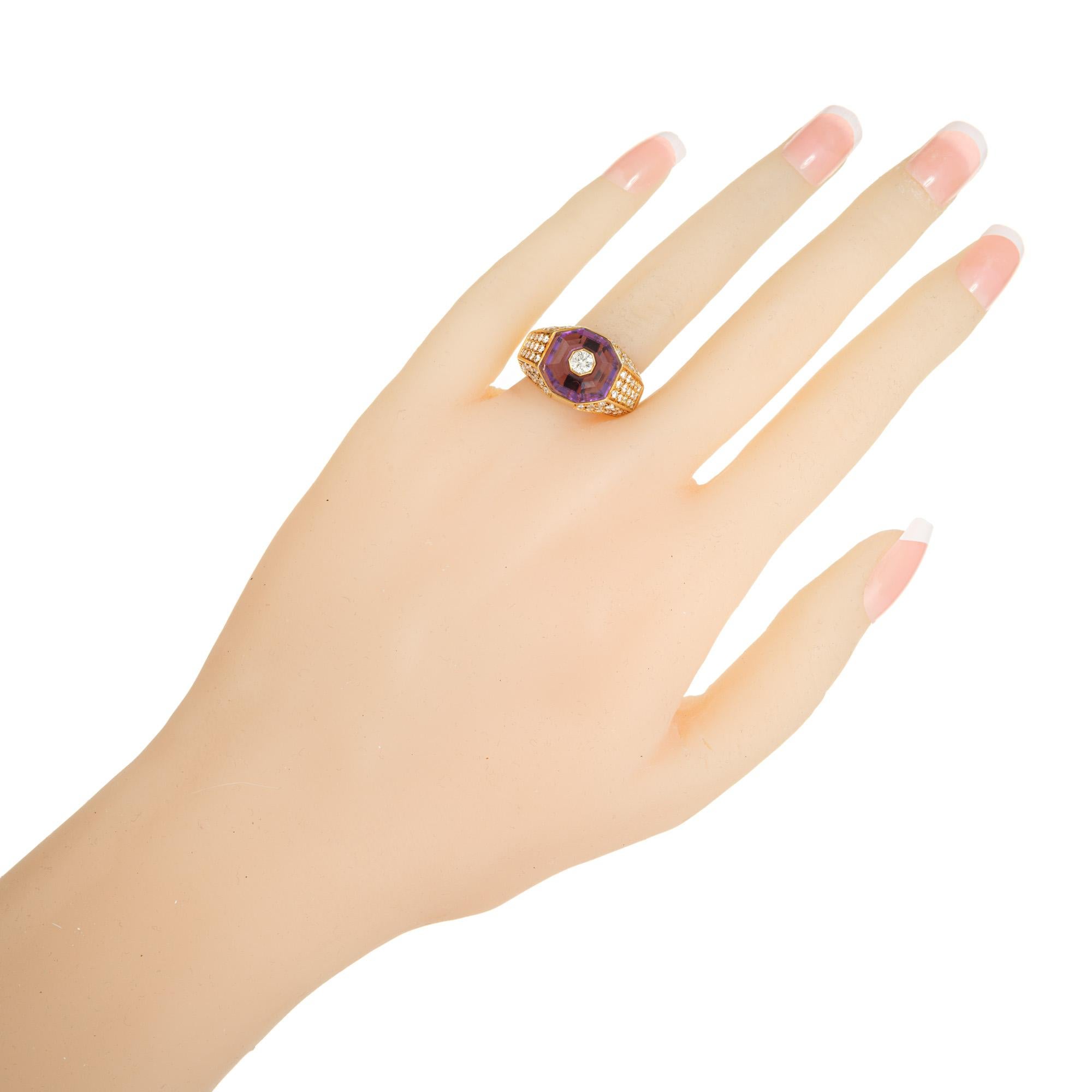 3.50 Carat Octagonal Amethyst Halo Diamond Gold Ring For Sale 2