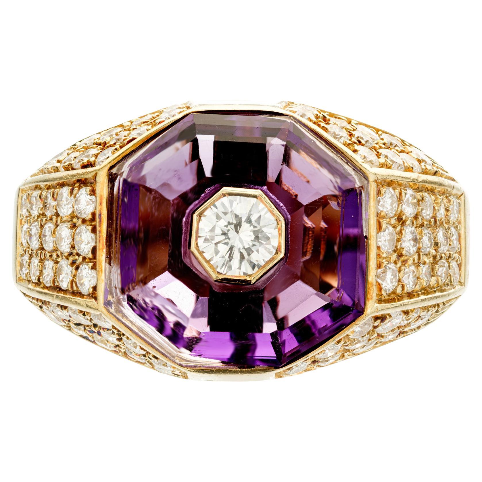 3.50 Carat Octagonal Amethyst Halo Diamond Gold Ring For Sale