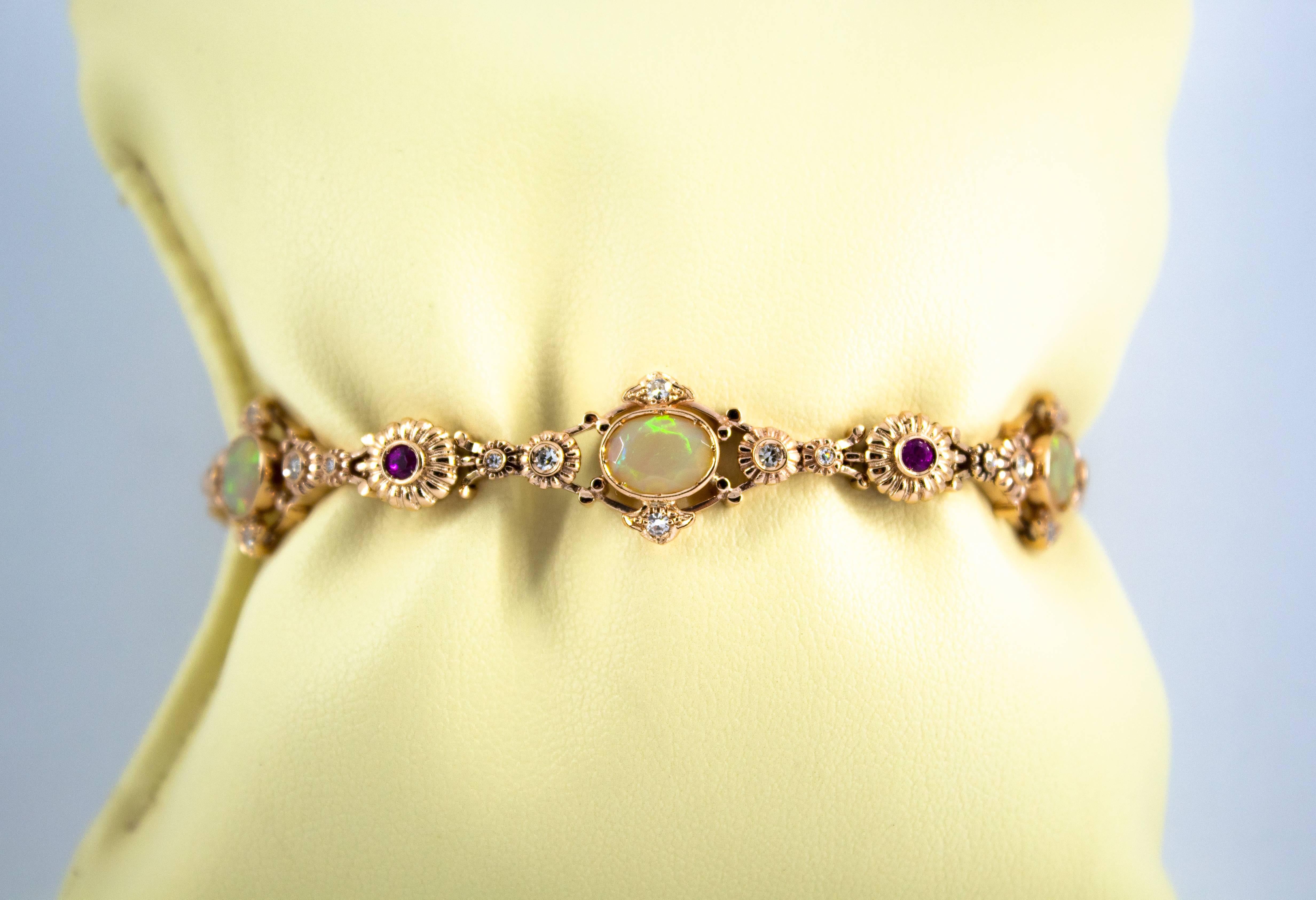 3.50 Carat Opal 0.80 Carat Ruby 0.50 Carat White Diamond Yellow Gold Bracelet 5