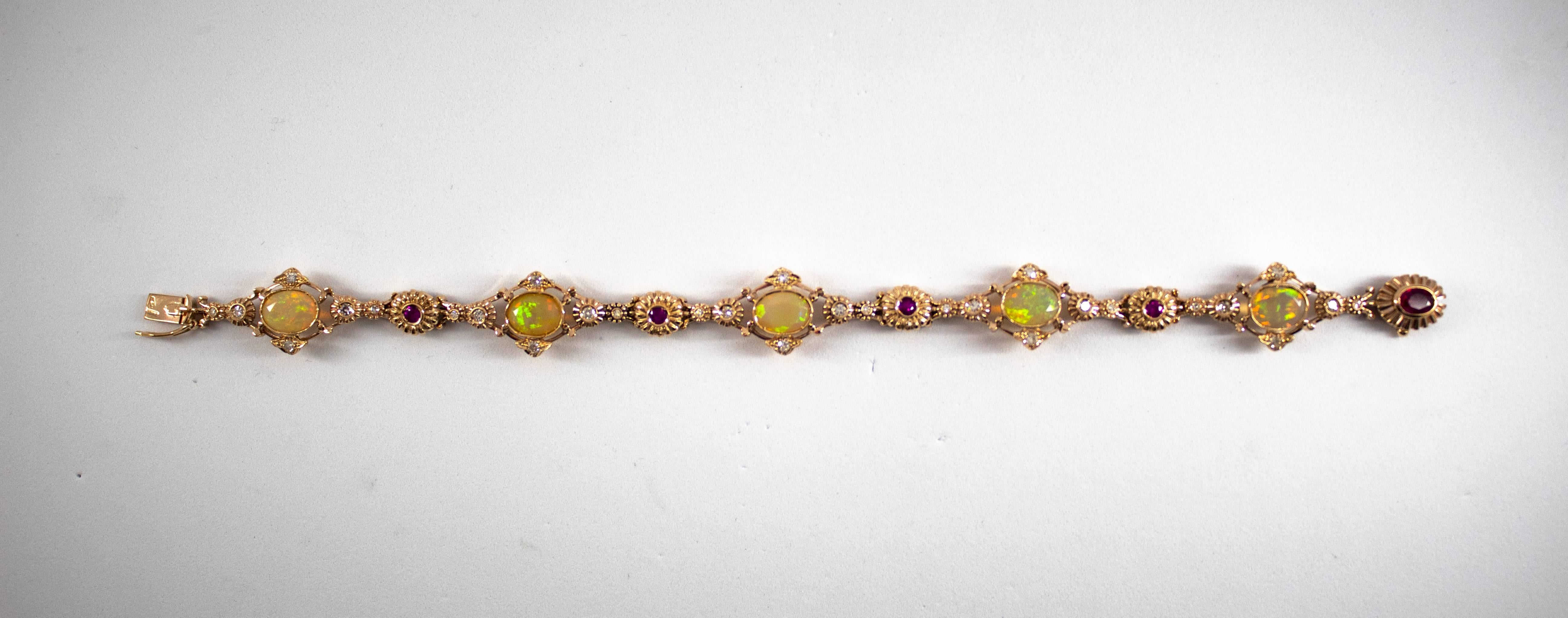 This Bracelet is made of 14K Yellow Gold.
This Bracelet has 0.50 Carats of White Diamonds.
This Bracelet has 0.80 Carats of Rubies.
This Bracelet has 3.50 Carats of Opals.
We're a workshop so every piece is handmade, customizable and resizable.