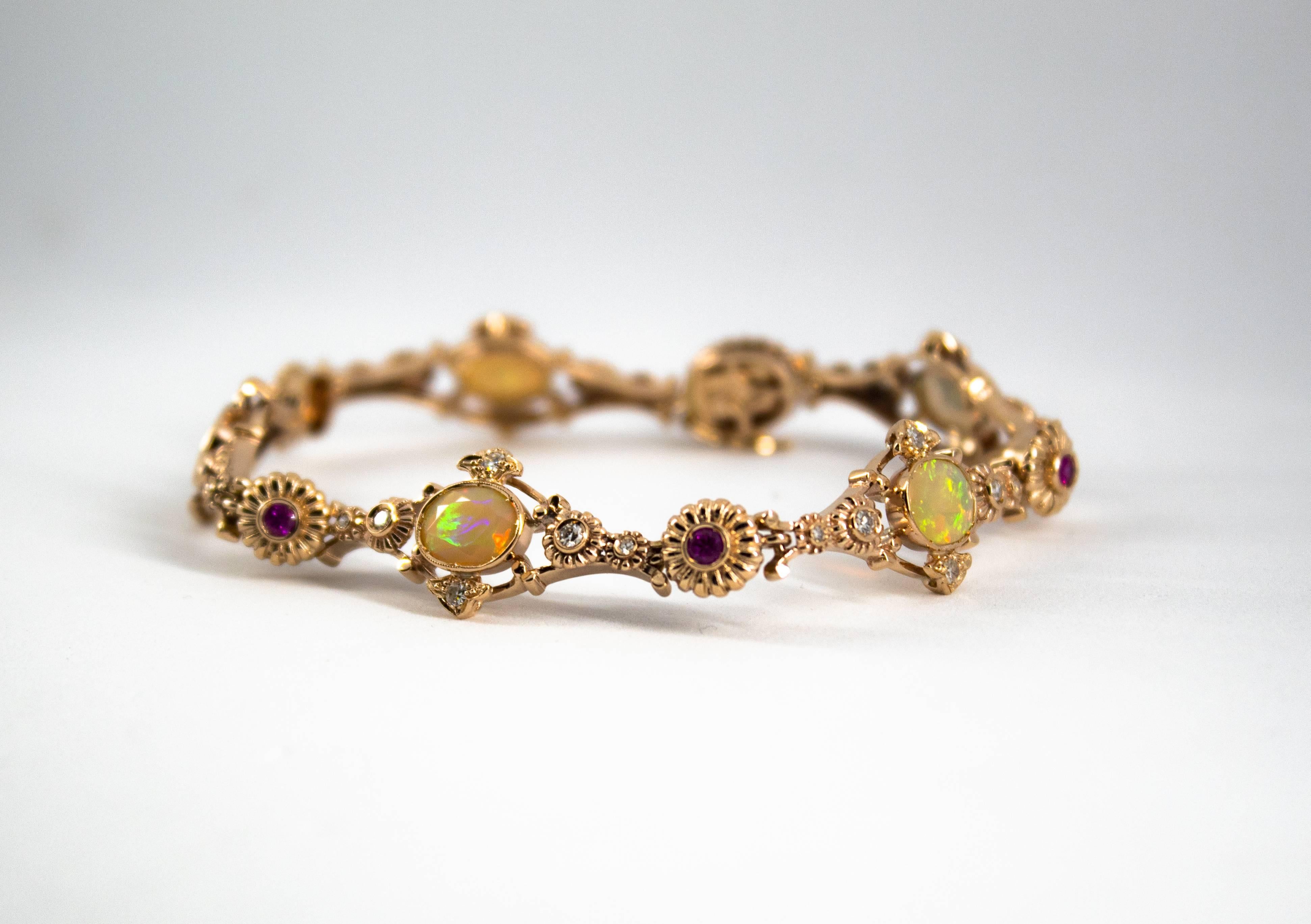 3.50 Carat Opal 0.80 Carat Ruby 0.50 Carat White Diamond Yellow Gold Bracelet 1