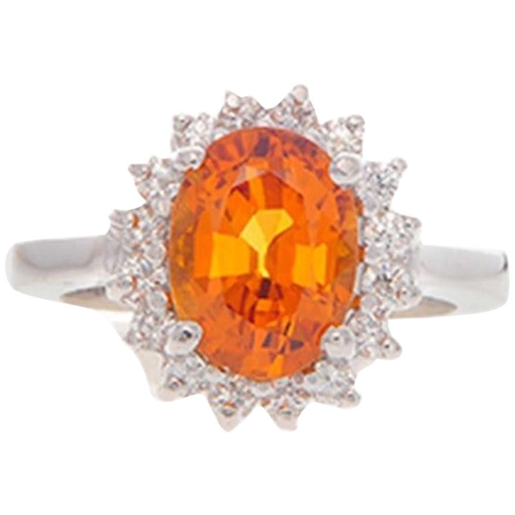 3.50 Carat Oval Cut Orange Sapphire Gemstone 14 Karat White Gold Diamond Ring For Sale