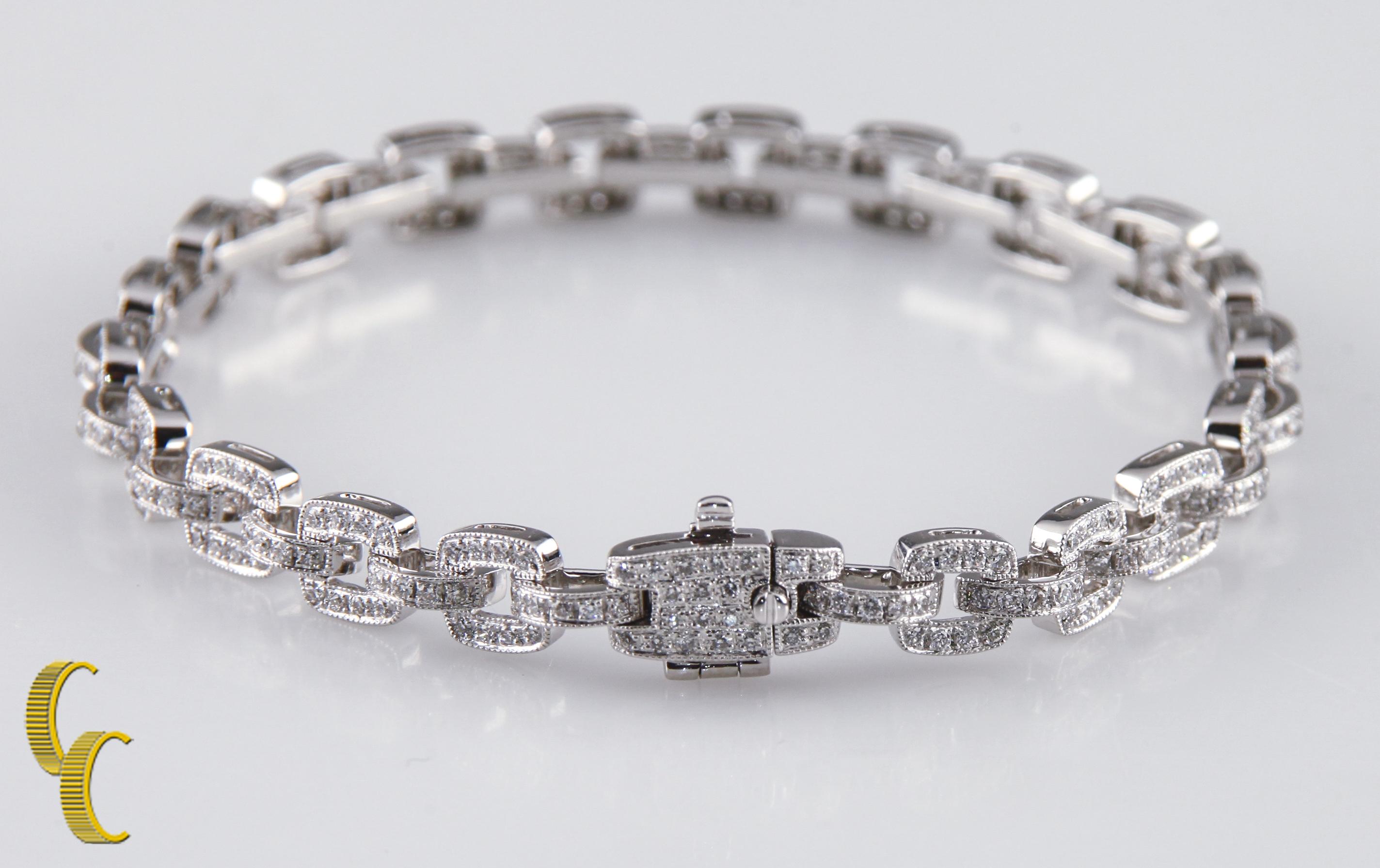 Gorgeous Anchor Chain Pave Diamond Bracelet by Beverley K
Features approximately 3.5 carats of round pave-set diamonds w/ milgrain borders
Average Diamond Color = G
Average Diamond Clarity = VS
Width of Bracelet = 6 mm
Length of Bracelet =