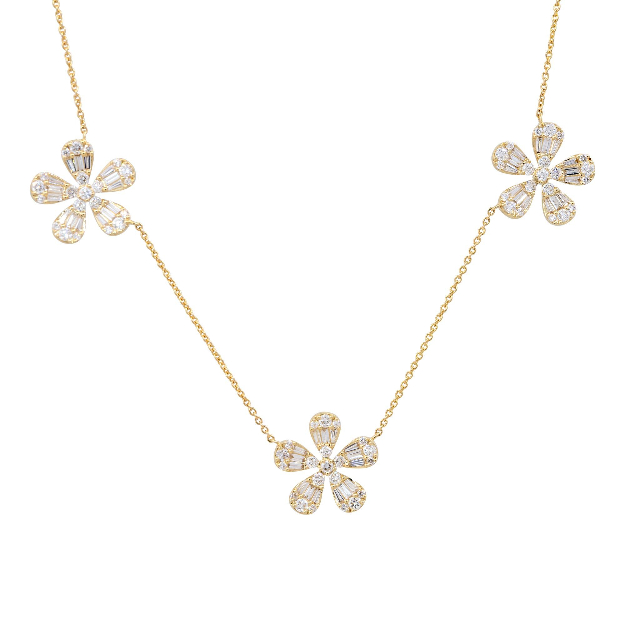 18k Yellow Gold 3.50ctw Pave Diamond 5 Flower Necklace
Material: 18k Yellow Gold
Diamond Details: There are approximately 3.50 carats of Round Brilliant and Baguette cut Diamonds. All diamonds are approximately G/H in color and approximately SI in