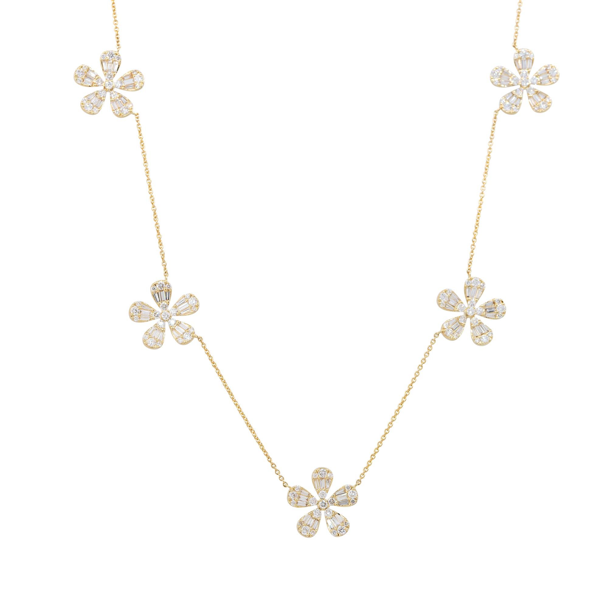 Modern 3.50 Carat Pave Diamond 5 Flower Necklace 18 Karat In Stock  For Sale