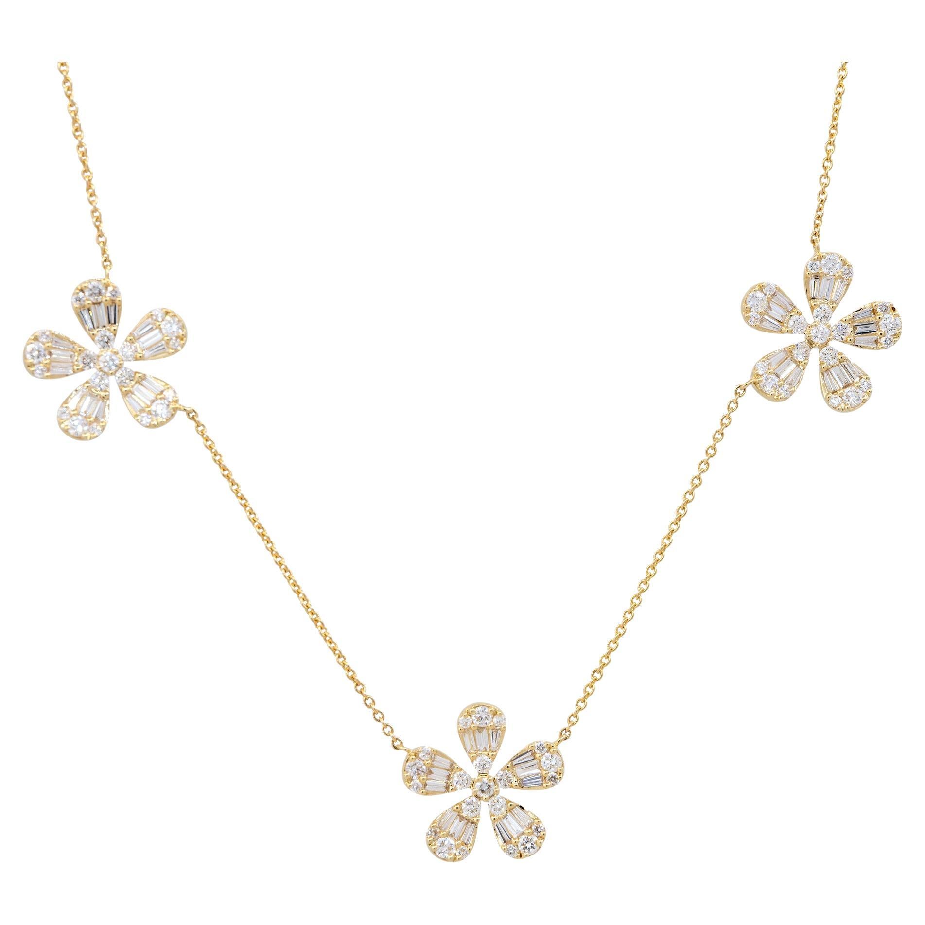 3.50 Carat Pave Diamond 5 Flower Necklace 18 Karat In Stock  For Sale
