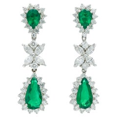 3.50 Carat Pear-Shaped Emeralds & Diamonds Dangle Earrings