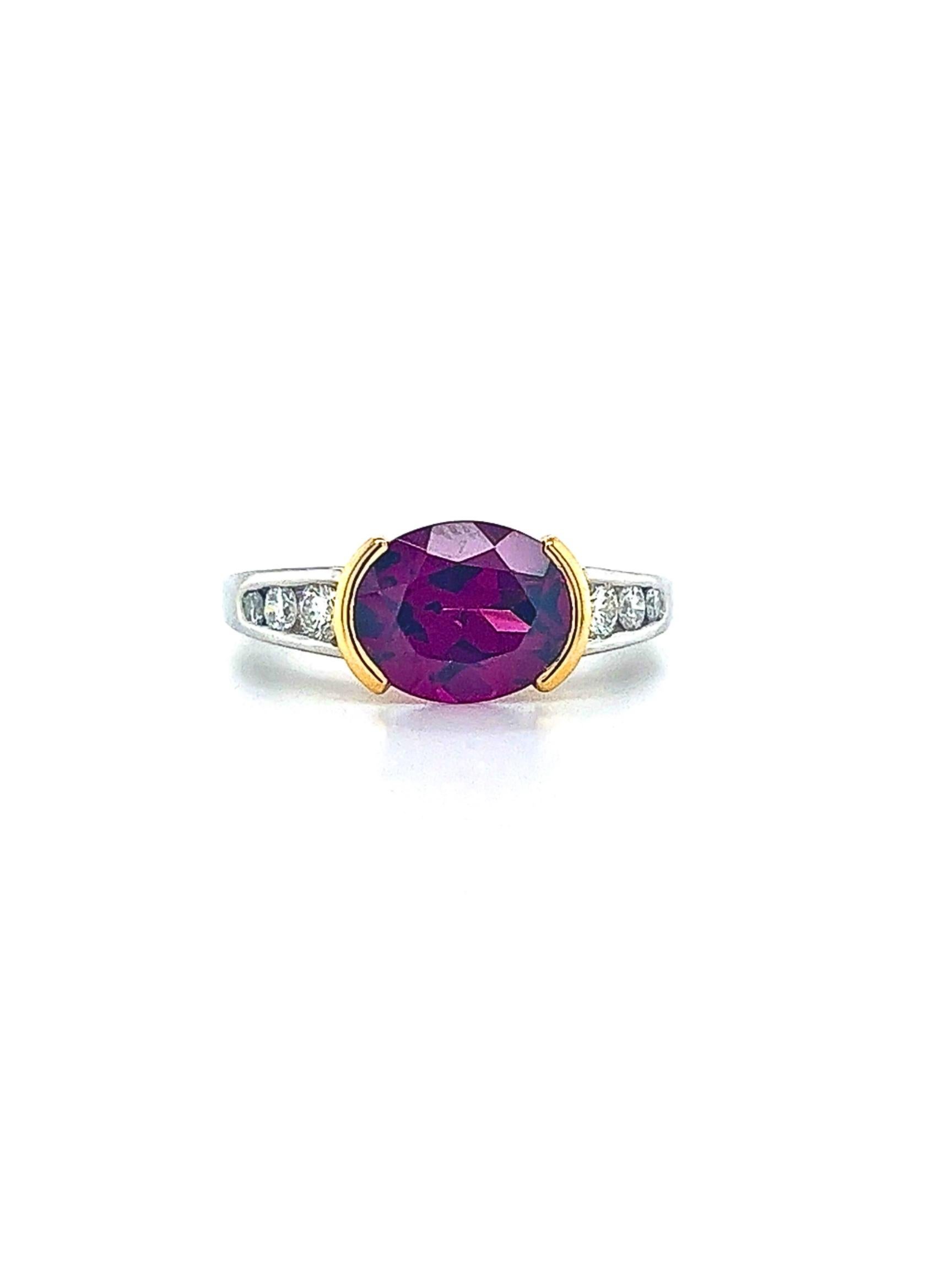 Art Deco 3.50 Carat Red Rubellite Tourmaline East West Ring in Platinum and 18K Gold For Sale