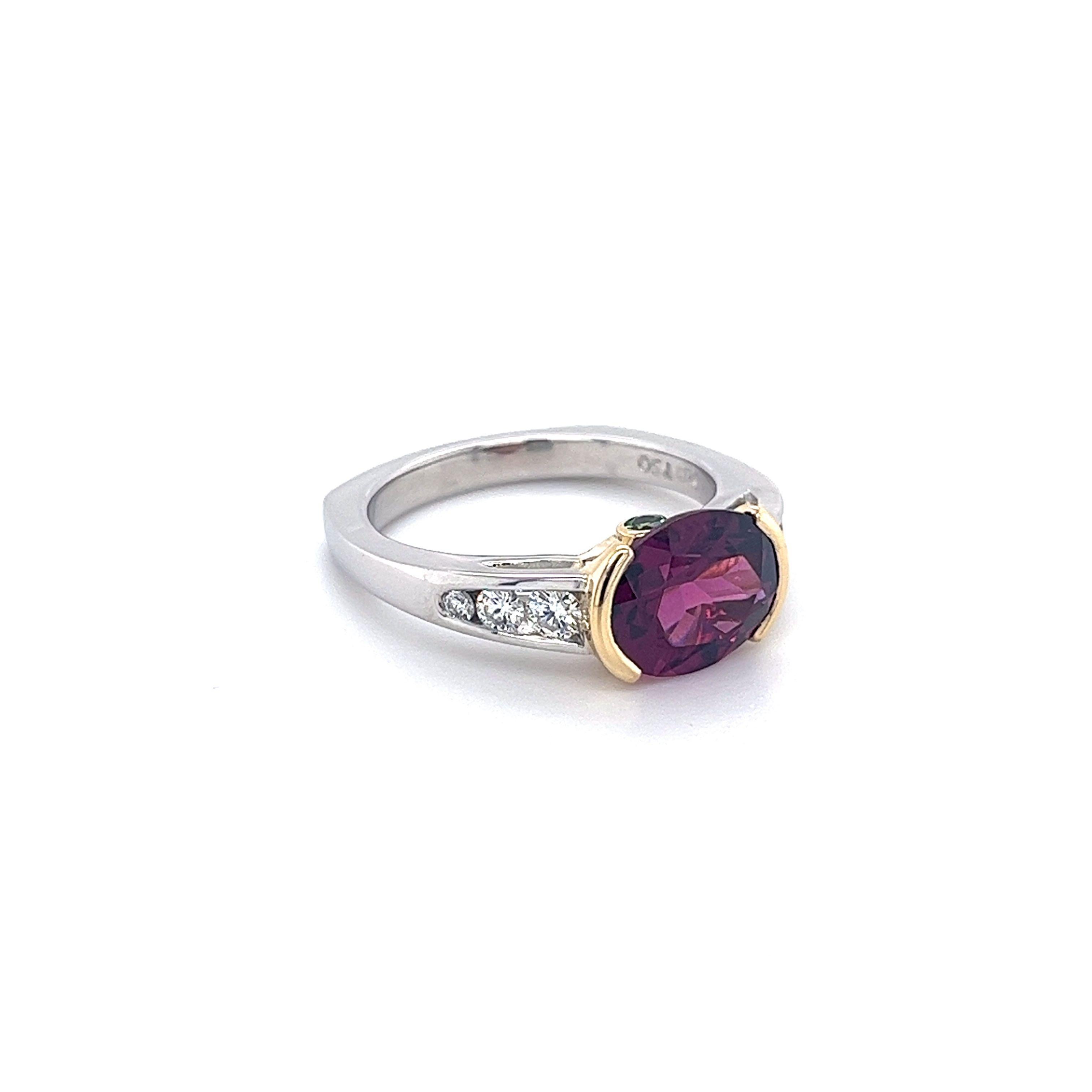 Women's 3.50 Carat Red Rubellite Tourmaline East West Ring in Platinum and 18K Gold For Sale
