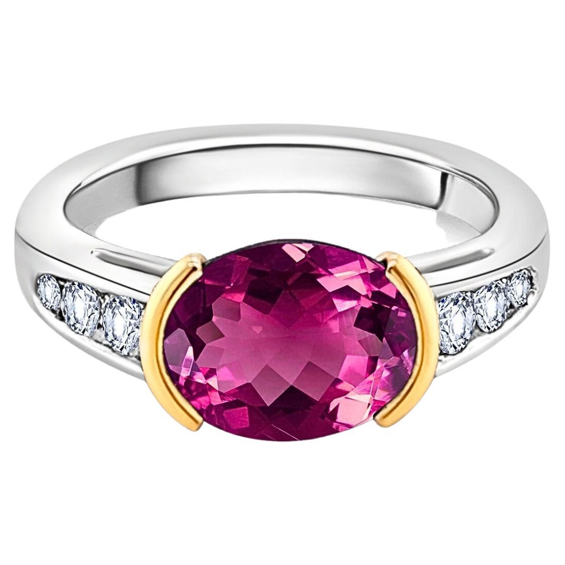 3.50 Carat Red Rubellite Tourmaline East West Ring in Platinum and 18K Gold For Sale