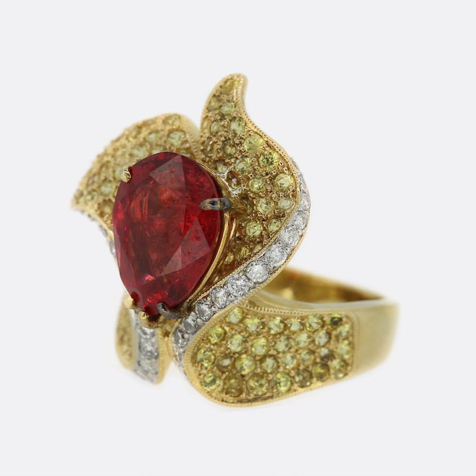 Anillo de espinela roja y diamante fantasía de 3,50 quilates Corte pera
