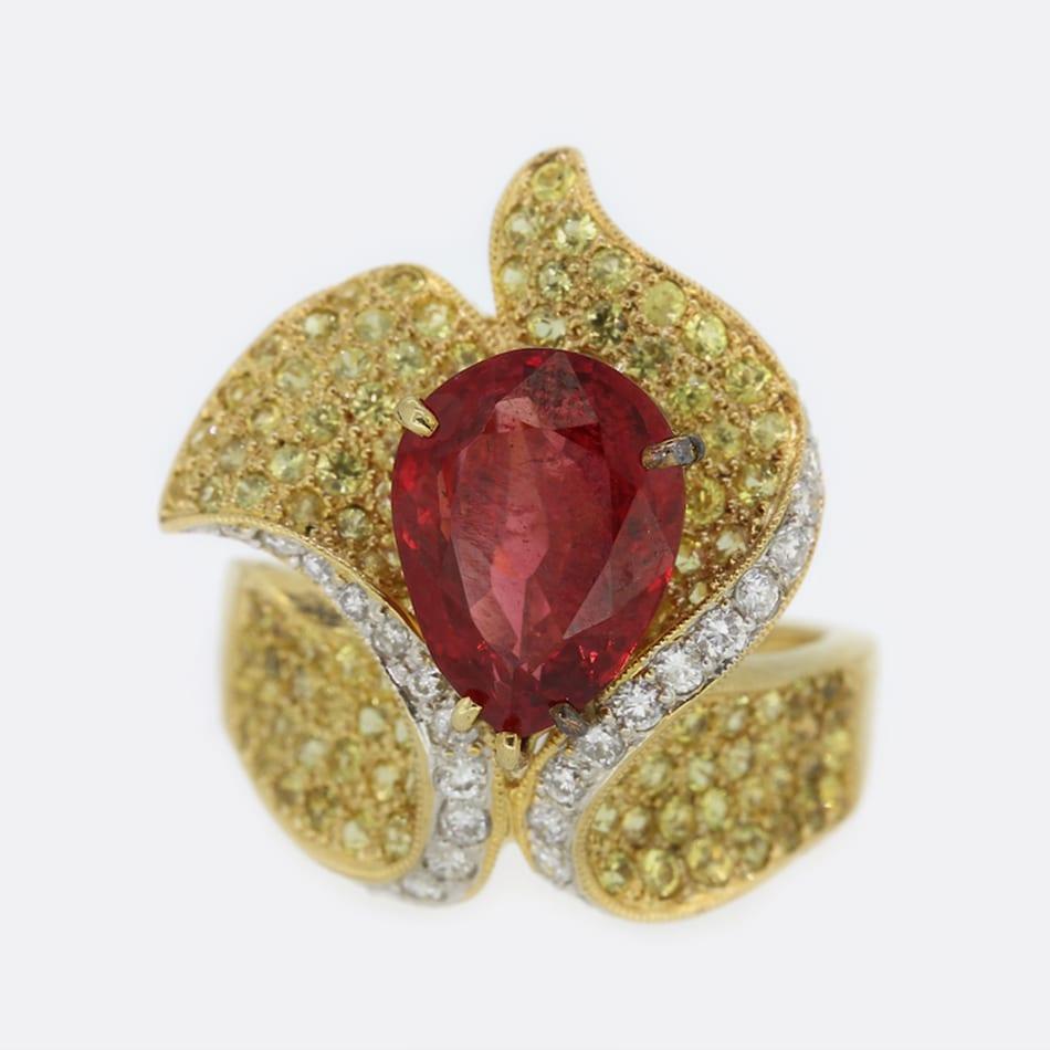De las mujeres Anillo de espinela roja y diamante fantasía de 3,50 quilates
