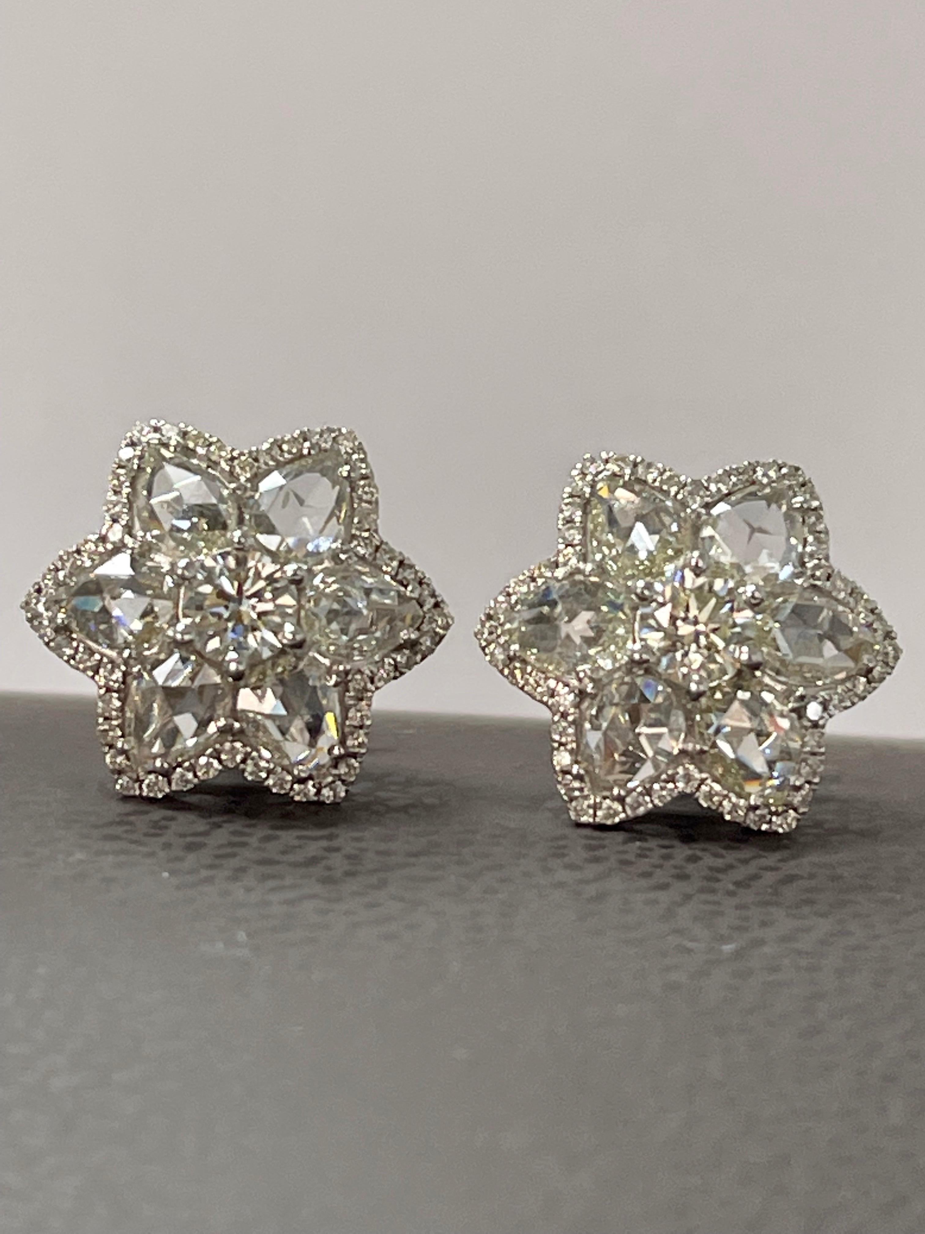 Round Cut 3.50 Carat Round Brilliant and Rose Cut Diamond Star Stud Earrings in 18K Gold For Sale