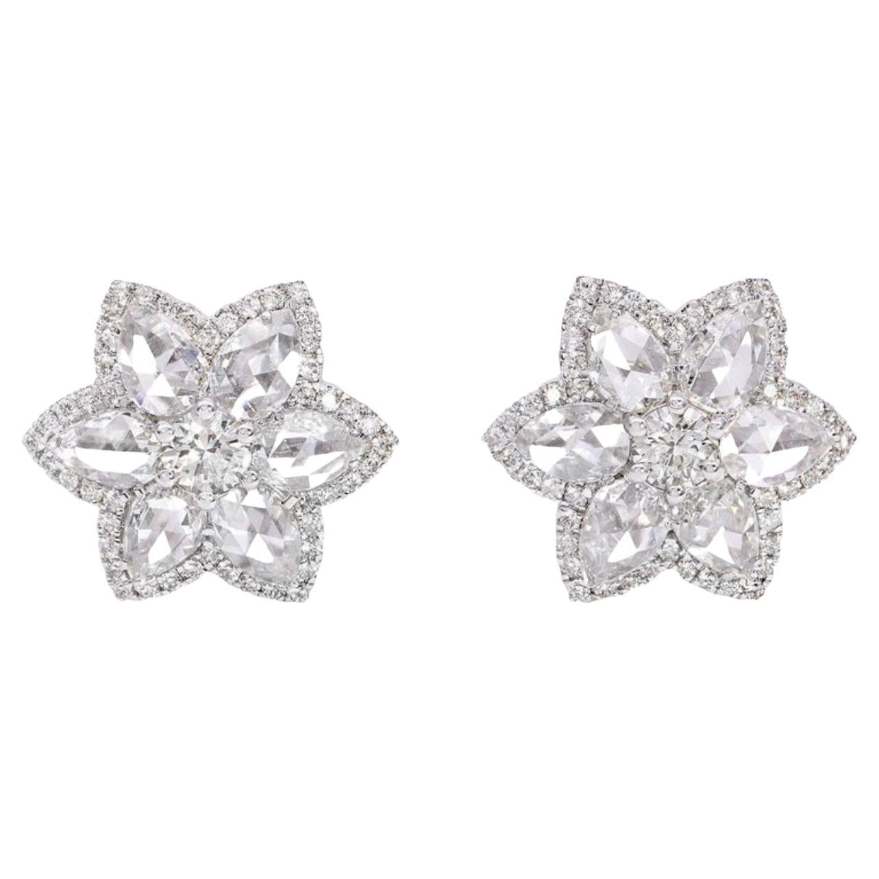 3.50 Carat Round Brilliant and Rose Cut Diamond Star Stud Earrings in 18K Gold For Sale