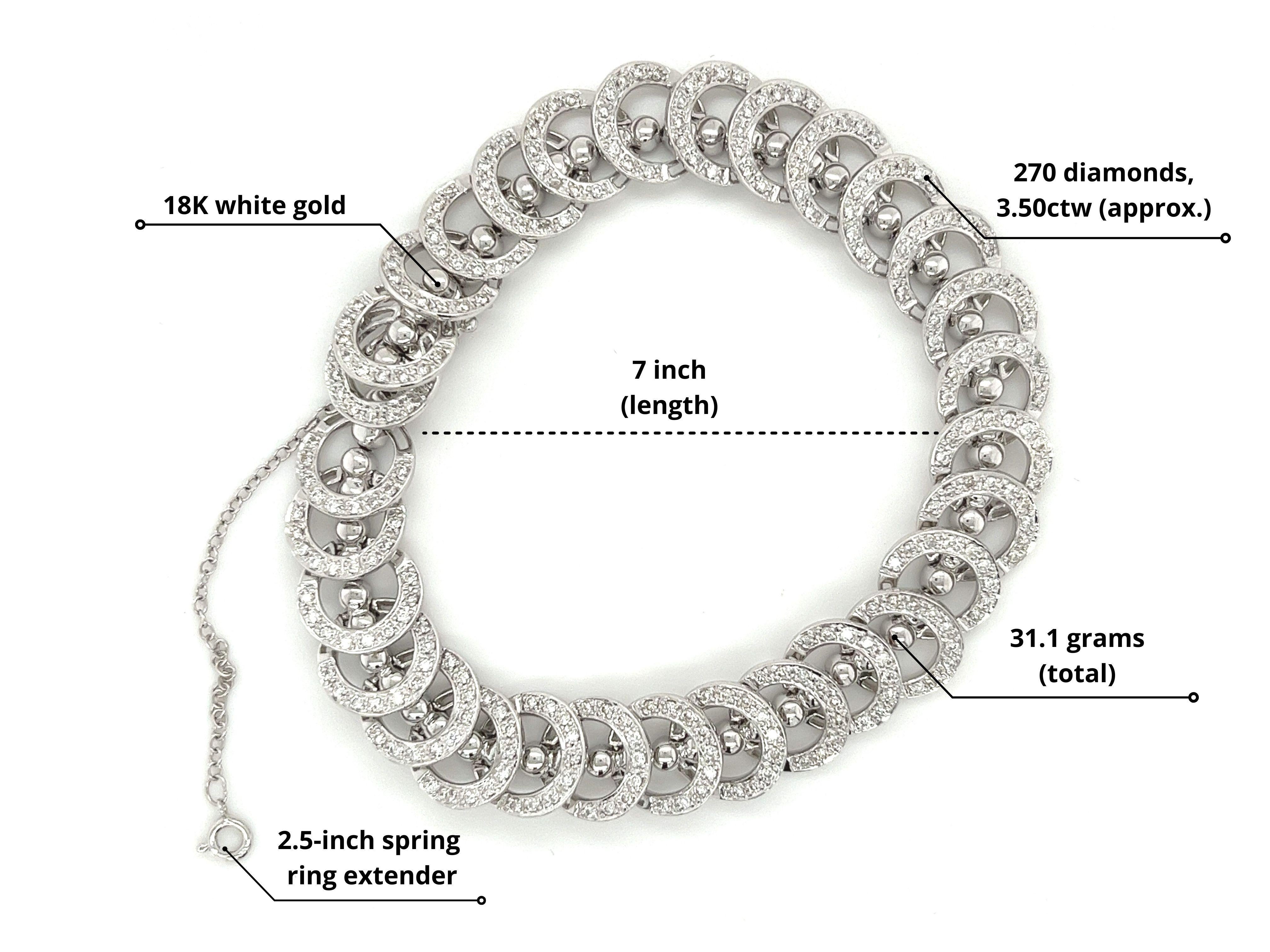 3.50 Carat Round Diamond Circular Link Diamond Bracelet in 18K White Gold For Sale 4