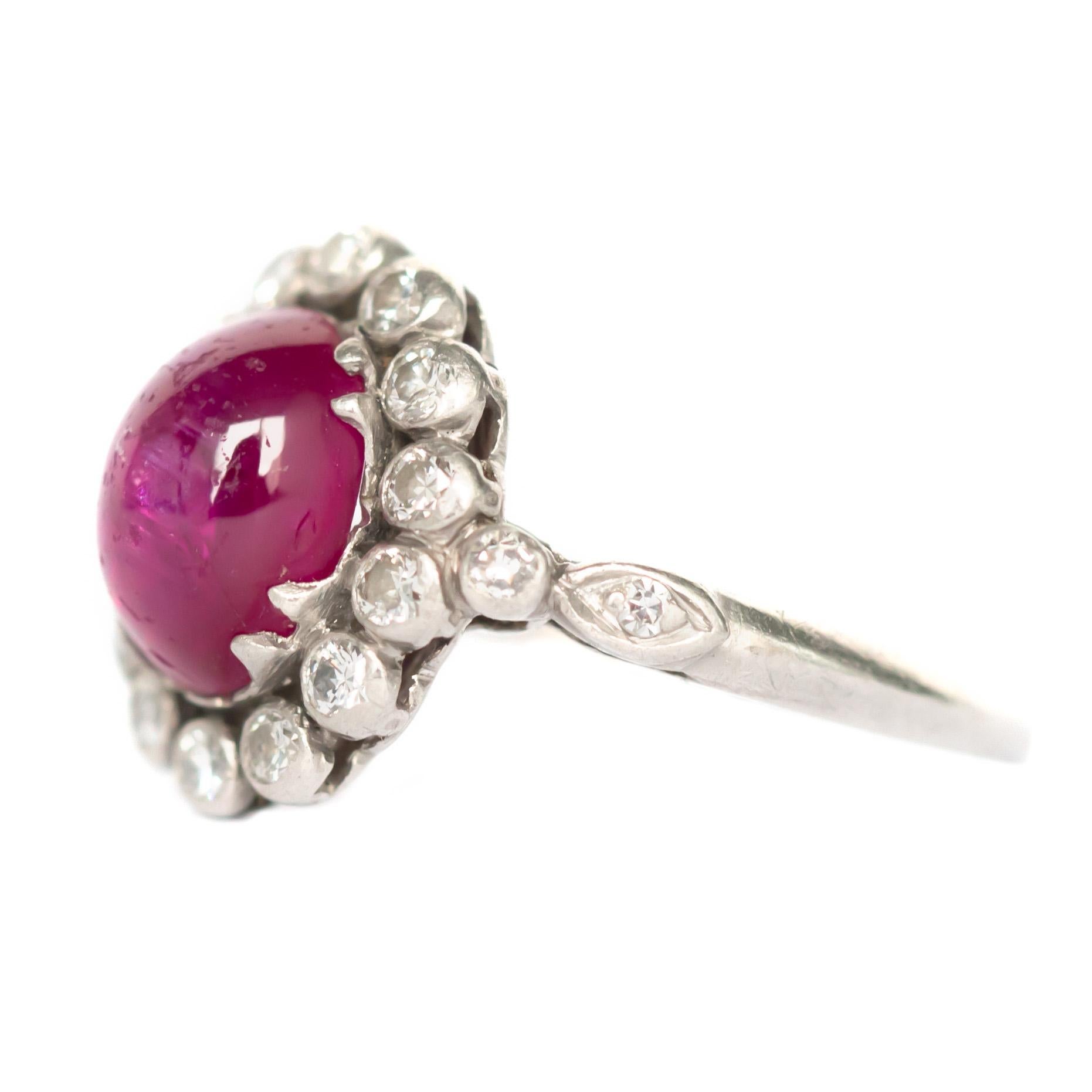 Ring Size: 6.95
Metal Type: Platinum
Weight: 4.2 grams

Color Stone Details: 
Type: Ruby
Shape: Natural Unheated
Carat Weight: ~3.50 carat

Side Stone Details: 
Shape: Old European 
Total Carat Weight: .40 carat total weight
Color: G
Clarity:
