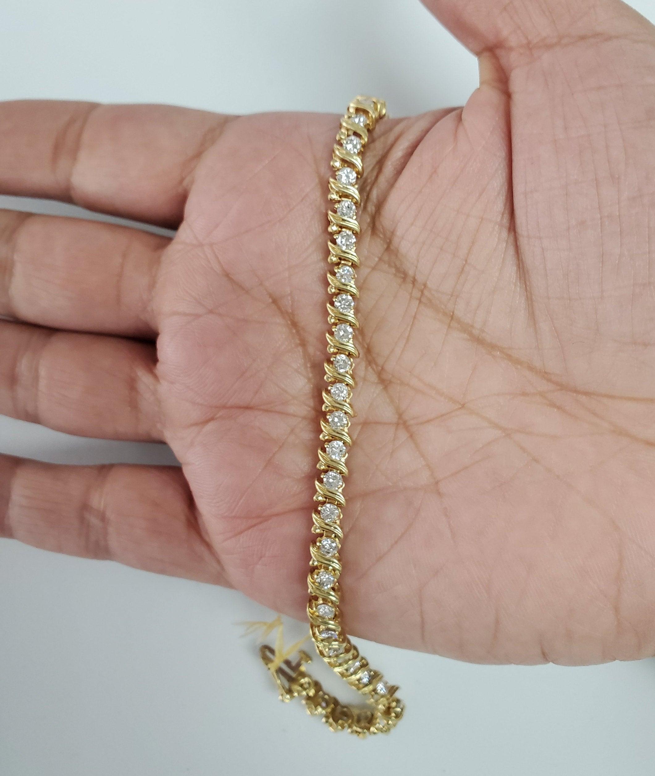 Taille ronde Bracelet tennis en or jaune 14 carats avec diamants de style S de 3,50 carats en vente