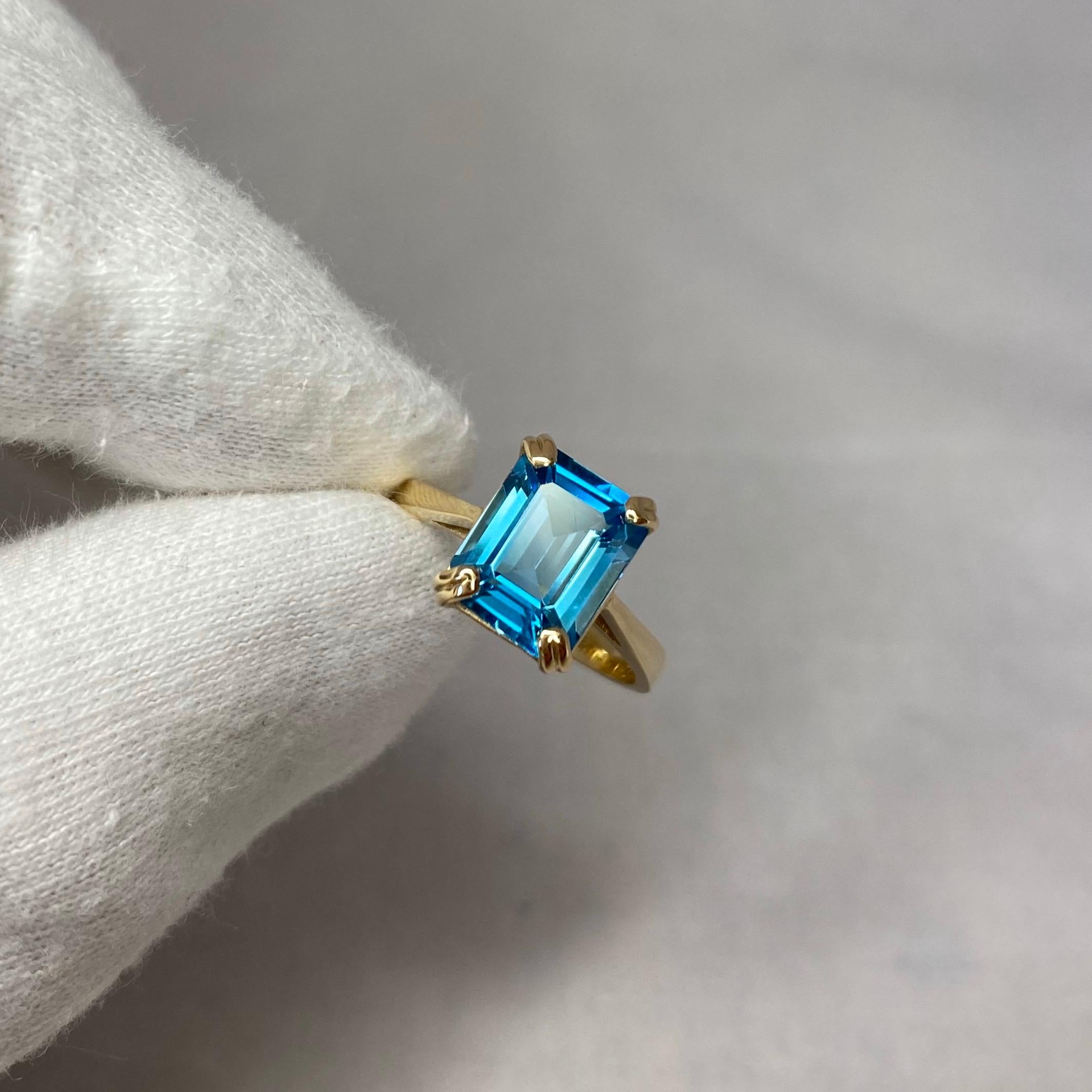 3.50 Carat Swiss Blue Topaz Emerald Cut Yellow Gold Solitaire Ring 7
