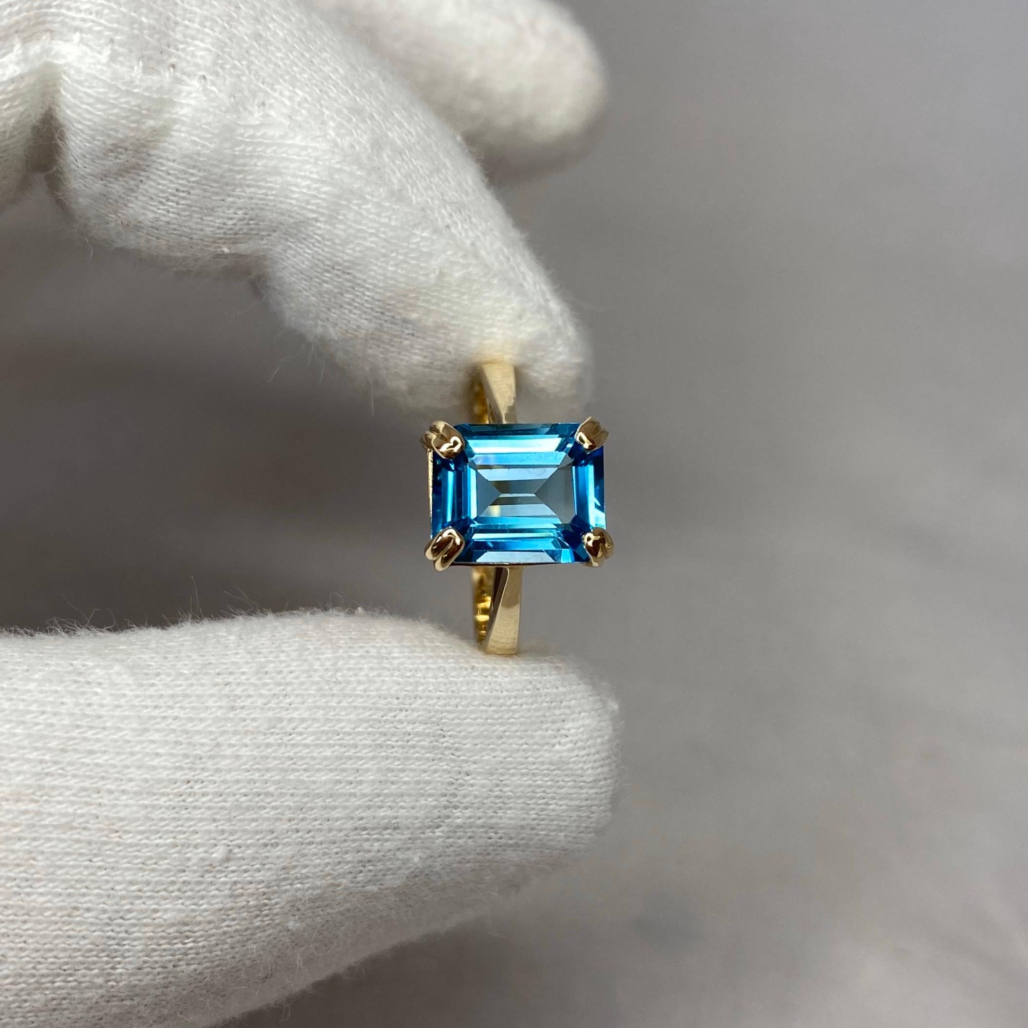 Fine Swiss blue topaz solitaire ring.

3.50 carat Swiss blue topaz with a stunning bright blue colour and excellent clarity. Very clean, top quality stone. Also has an excellent quality emerald cut which shows the fine colour to best effect.
Set in