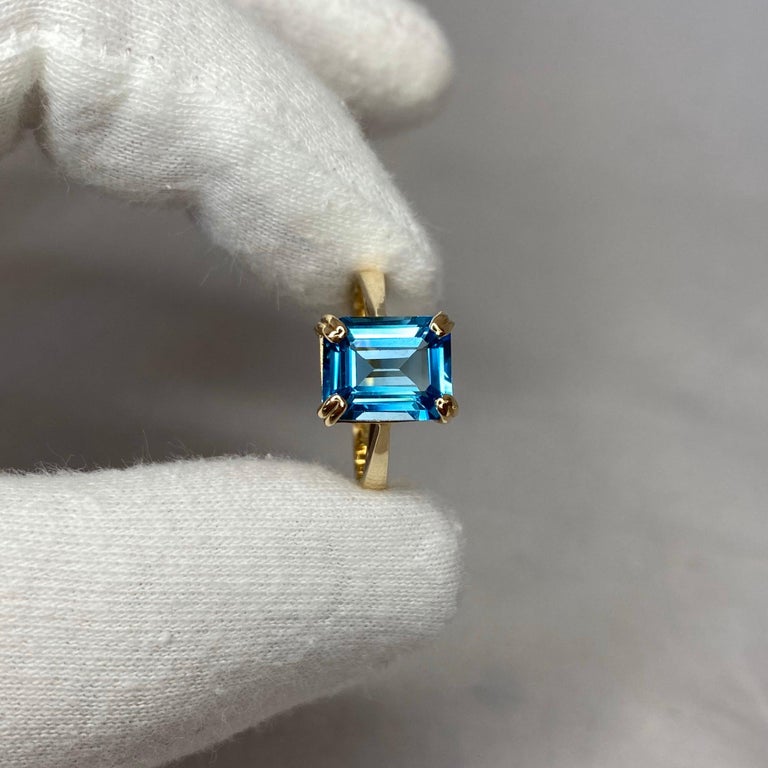 3.50 Carat Swiss Blue Topaz Emerald Cut Yellow Gold Solitaire Ring at  1stDibs
