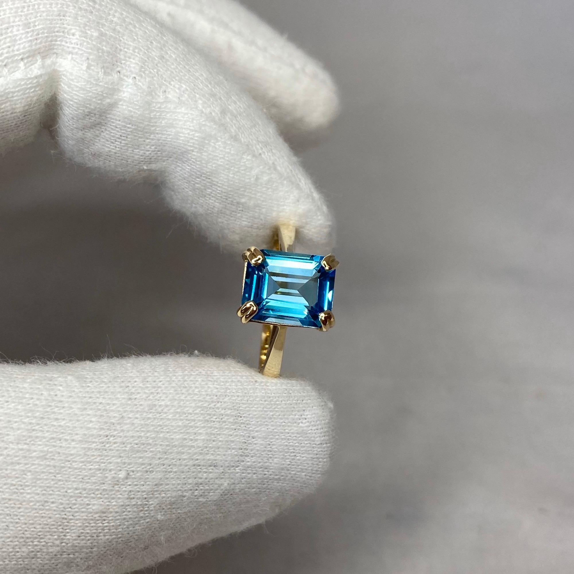 Women's or Men's 3.50 Carat Swiss Blue Topaz Emerald Cut Yellow Gold Solitaire Ring