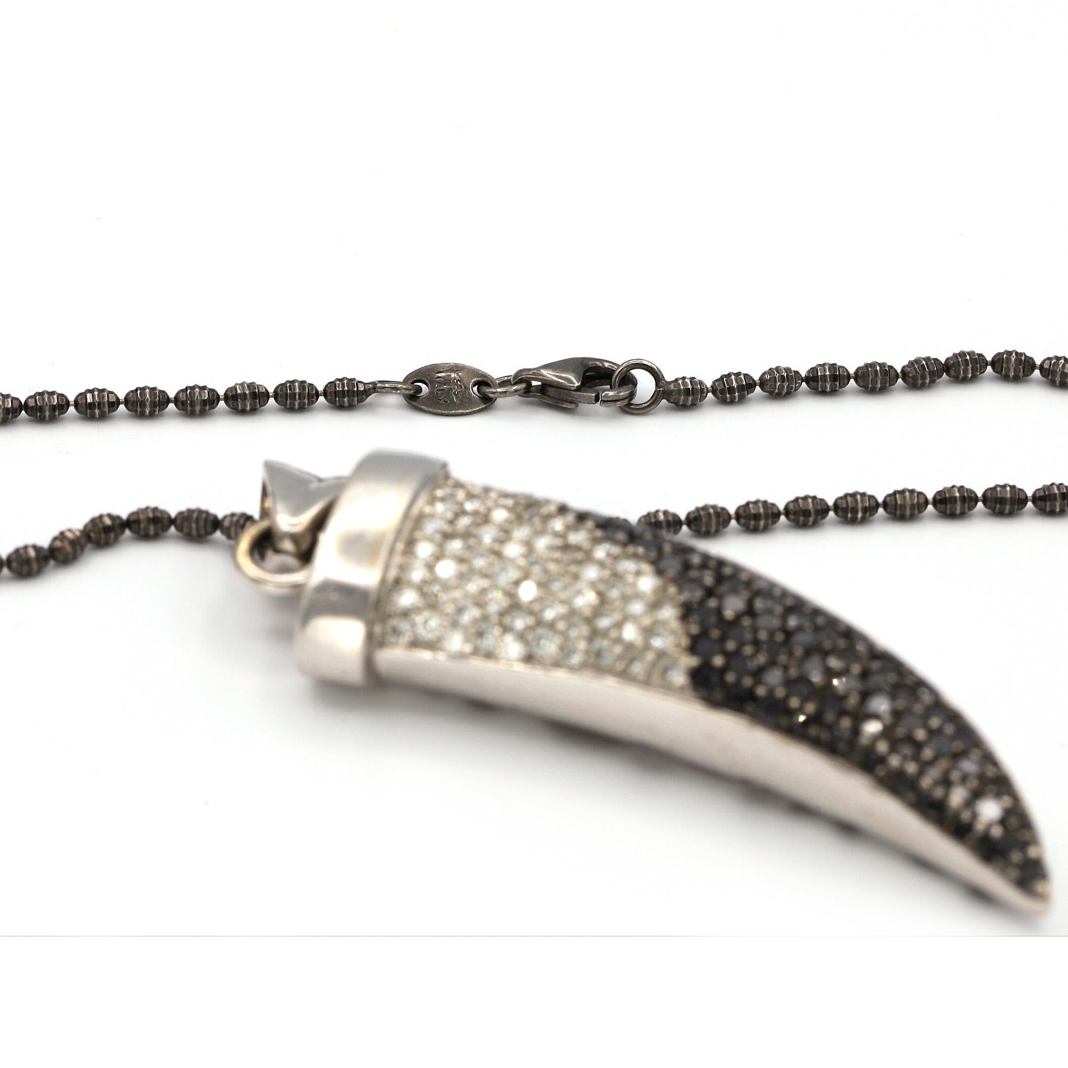 Women's or Men's 3.50 Carat Tooth Pendant with Black and White Diamonds with Chain in 18/14K gold For Sale