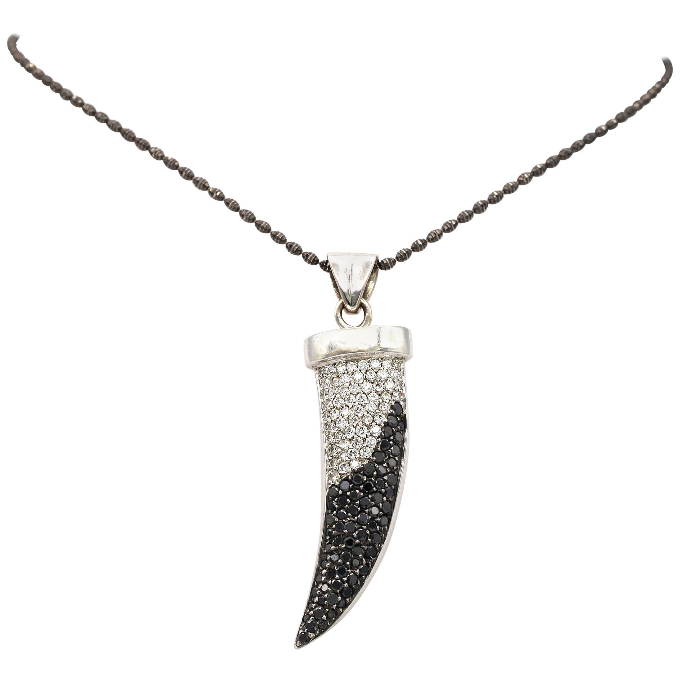 3.50 Carat Tooth Pendant with Black and White Diamonds with Chain in 18/14K gold For Sale