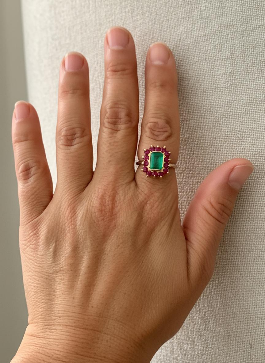 Anillo de cóctel de rubí esmeralda vintage de 3,50 quilates 18 quilates y platino en venta 4