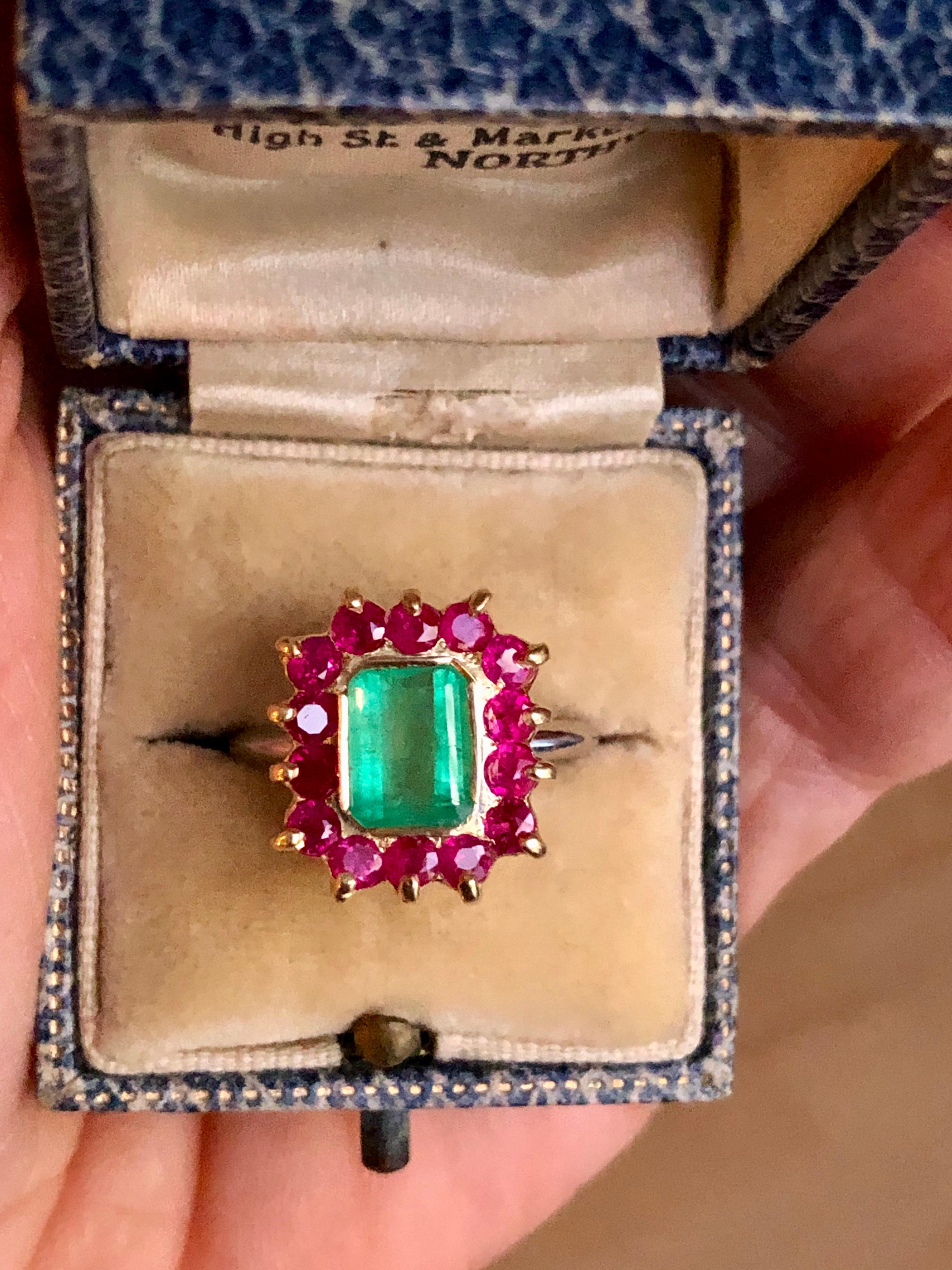 Emerald Cut 3.50 Carat Vintage Emerald Ruby Cocktail Ring 18 Karat and Platinum For Sale