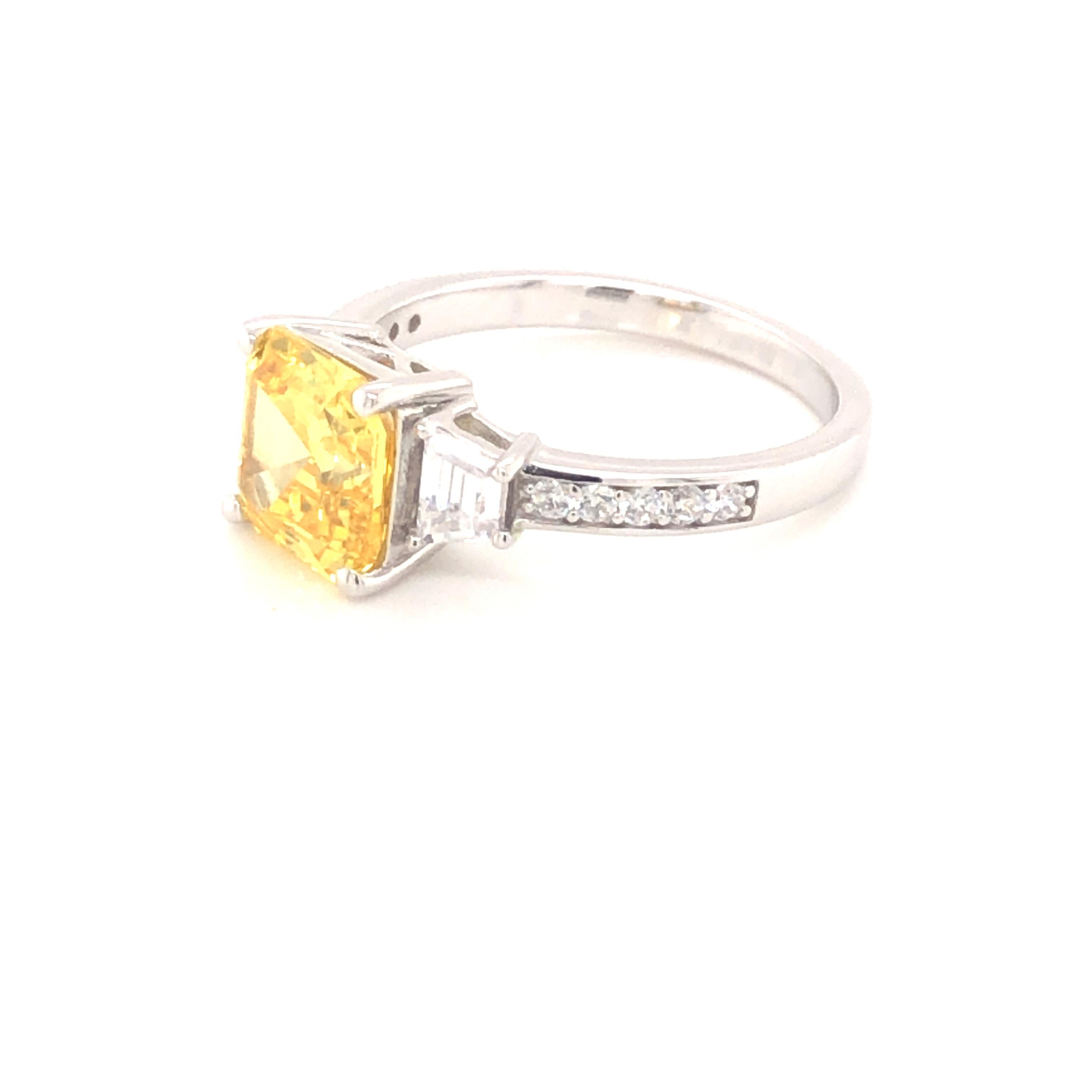 Art Deco 3.50 Carat Yellow Asscher Cut Cubic Zirconia Designer Engagement Cocktail Ring For Sale