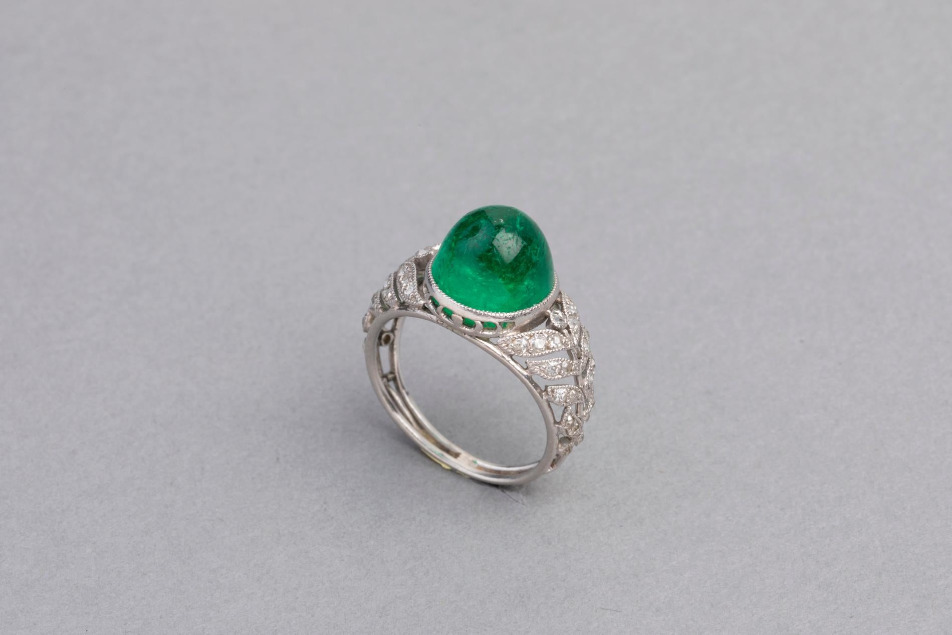 Women's 3.50 Carat Antique Colombian Emerald Ring, Platinum and Diamonds
