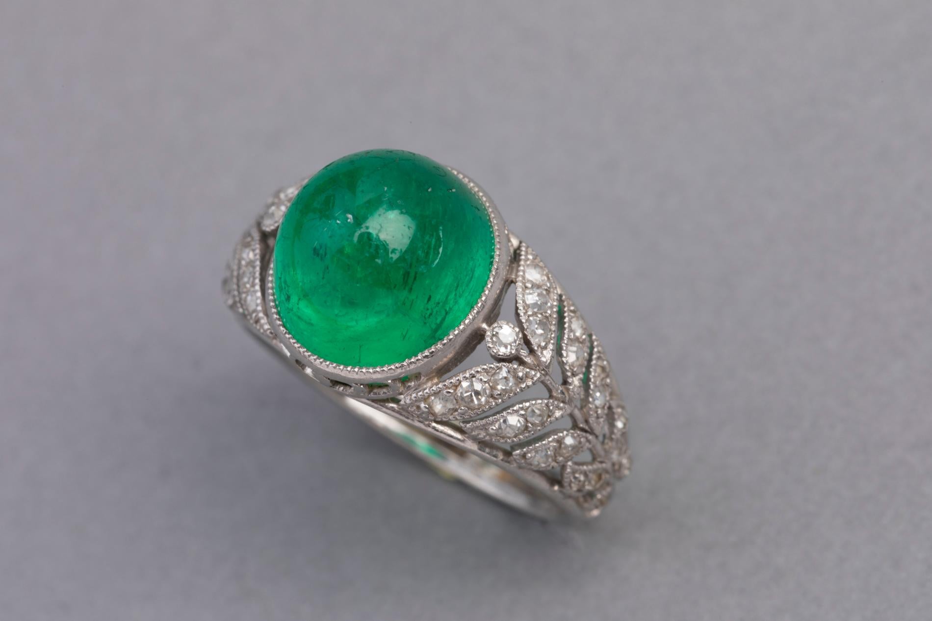 3.50 Carat Antique Colombian Emerald Ring, Platinum and Diamonds 4