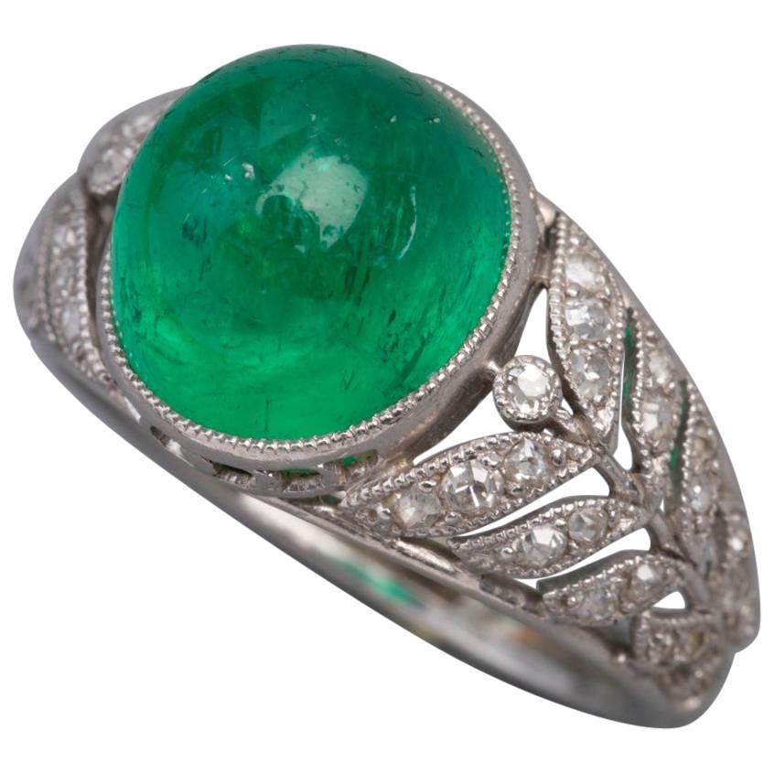 3.50 Carat Antique Colombian Emerald Ring, Platinum and Diamonds