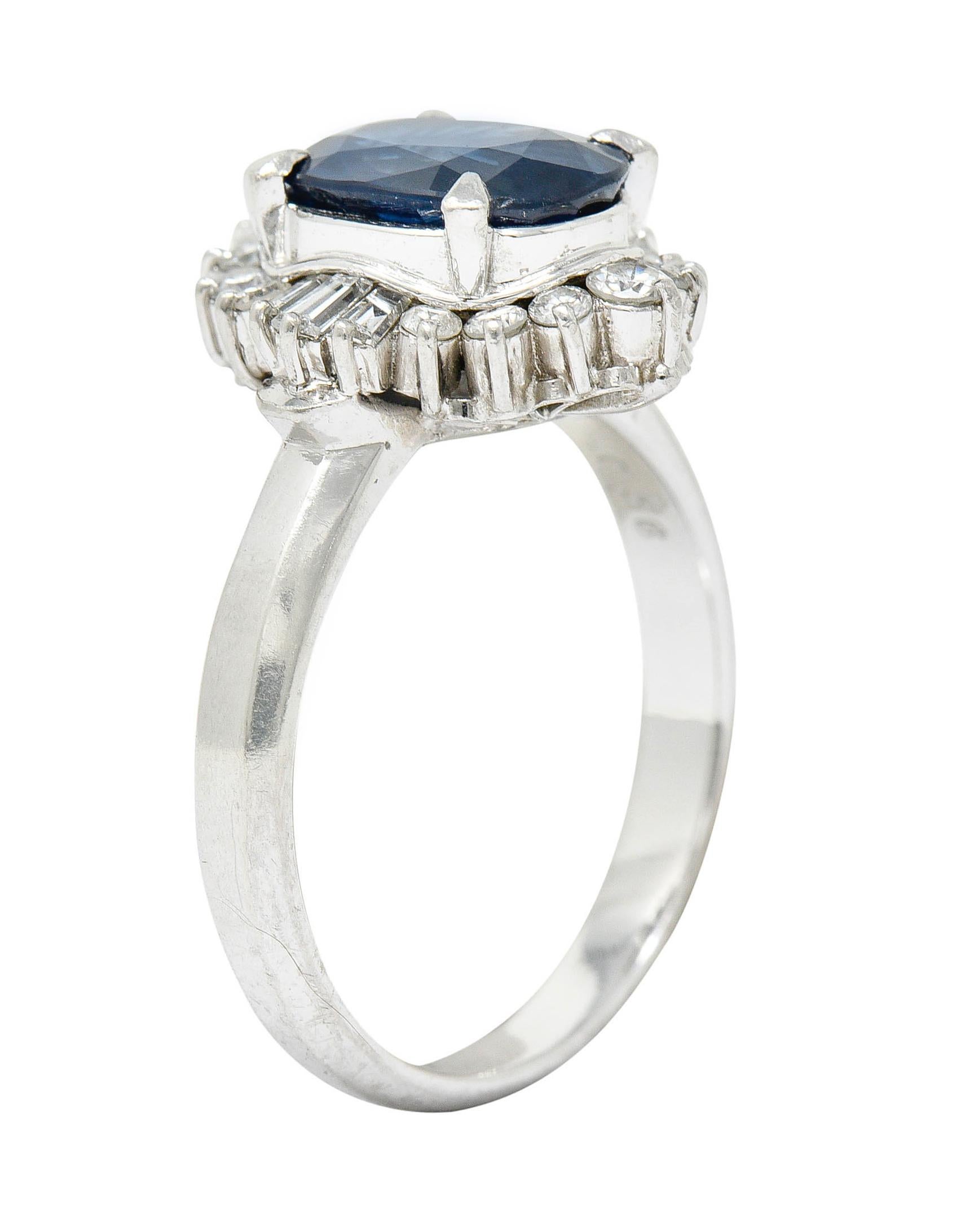 3.50 Carats Blue Sapphire Diamond Platinum Cluster Ring 2