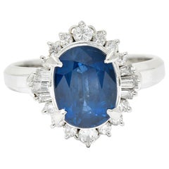 3.50 Carats Blue Sapphire Diamond Platinum Cluster Ring
