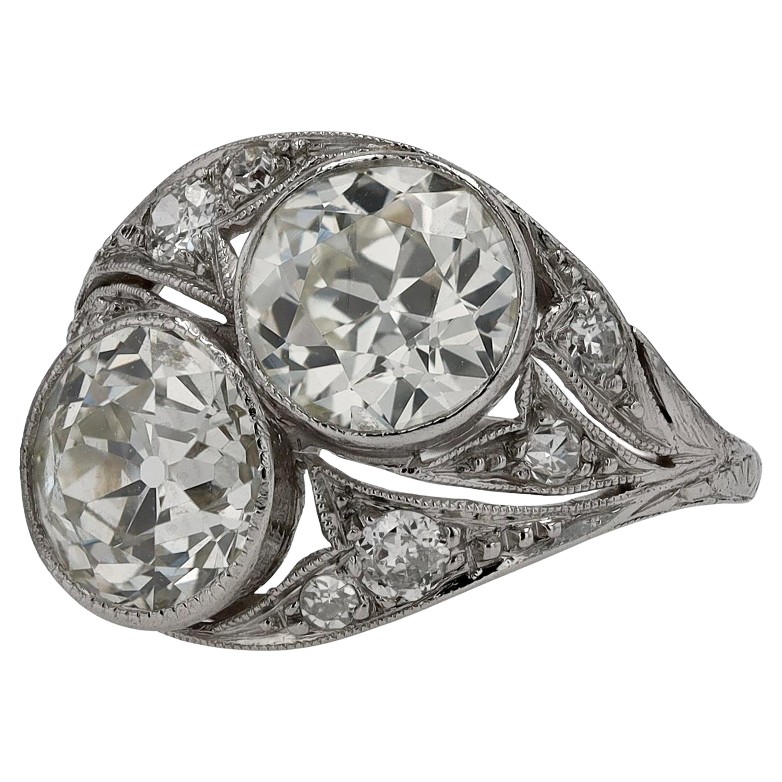 Vintage Art Deco 2 Stone 3.50 Carat Diamond Engagement Ring For Sale