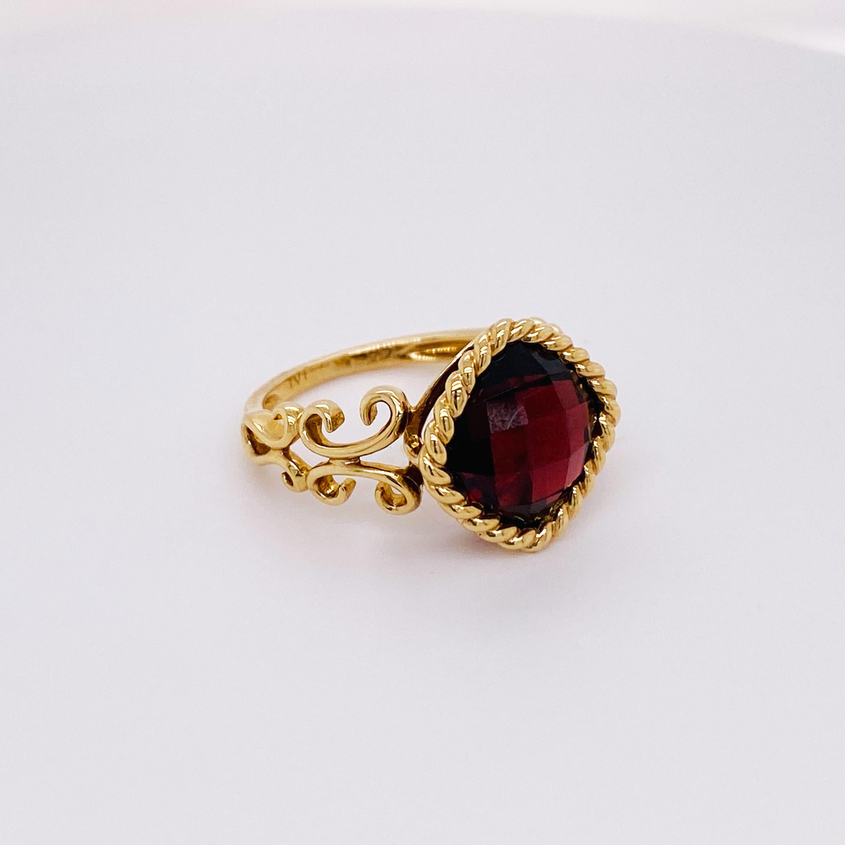 For Sale:  3.50 Carats Garnet Cushion Solitaire, Bold Twist Bezel, 14 Karat Yellow Gold Lv 4