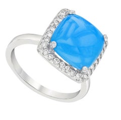 3.50 Carats Impressive Natural Turquoise and Diamond 14K White Gold Ring