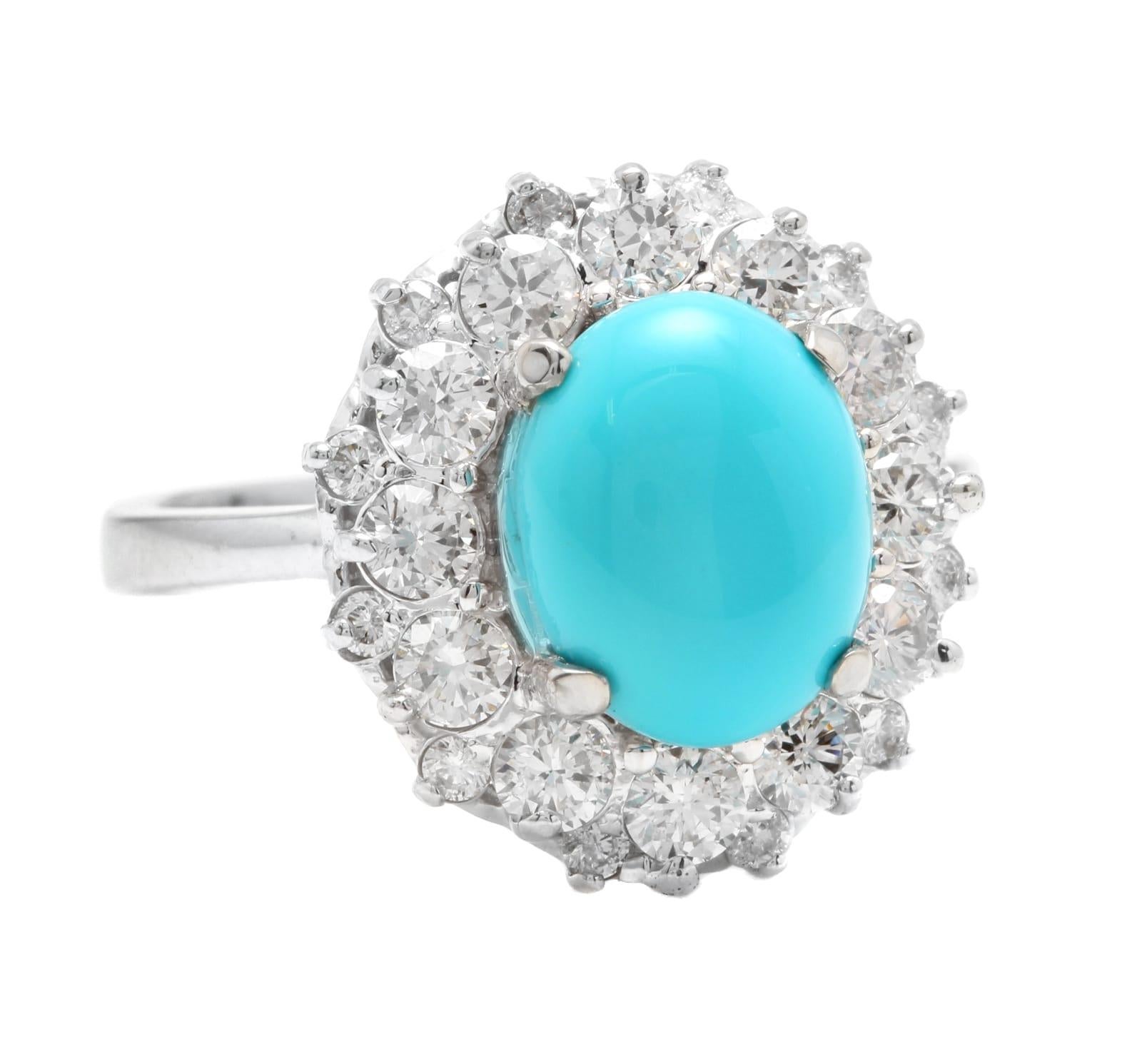 3.50 Carats Impressive Natural Turquoise and Diamond 14K White Gold Ring

Suggested Replacement Value $7,400.00

Total Natural Oval Turquoise Weight is: Approx. 2.20 Carats

Turquoise Measures: 10.00 x 8.00mm

Natural Round Diamonds Weight: Approx.