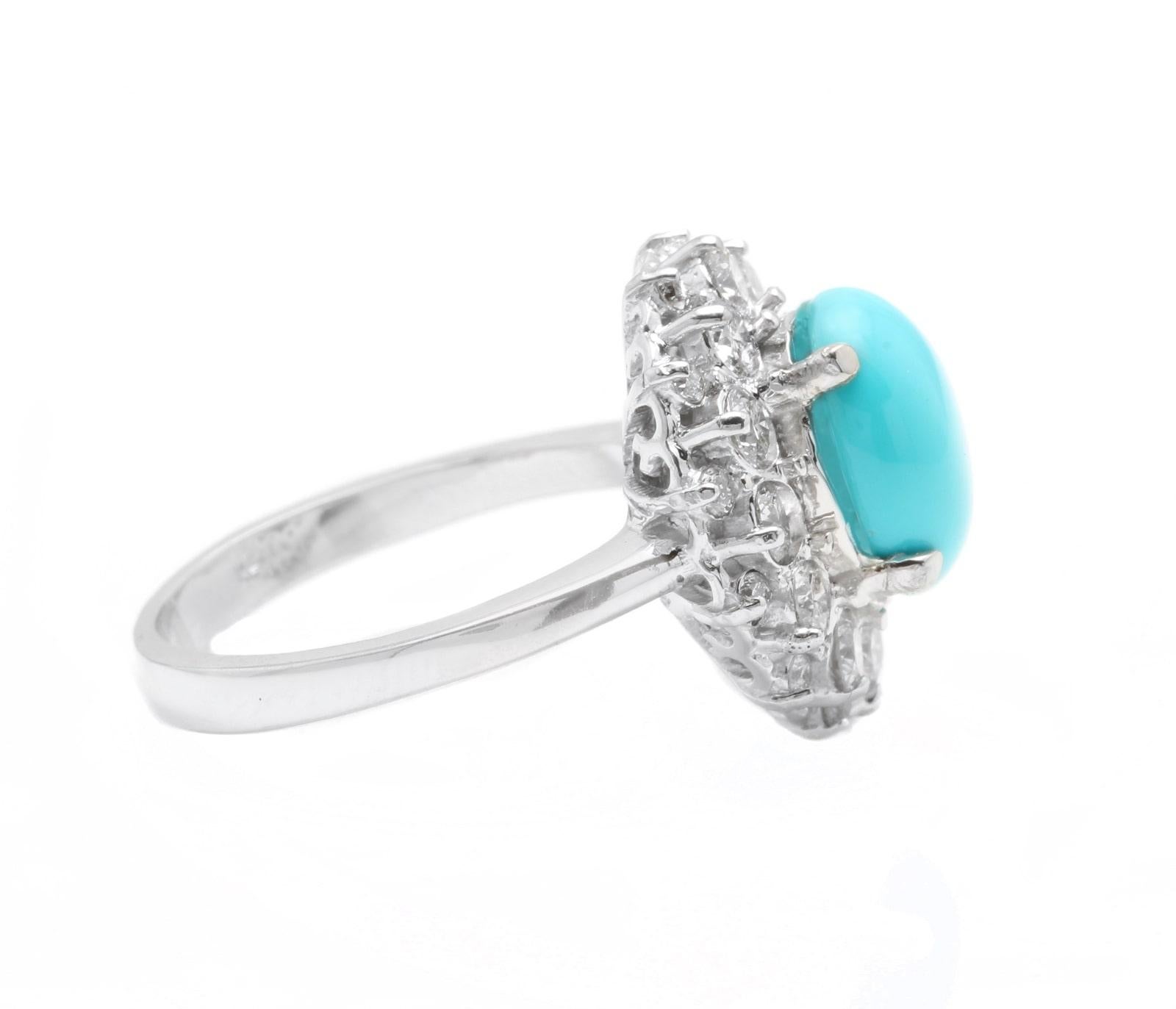 Mixed Cut 3.50 Carats Impressive Natural Turquoise and Diamond 14K White Gold Ring For Sale