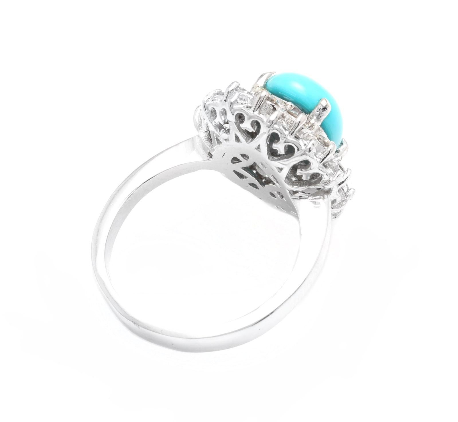 3.50 Carats Impressive Natural Turquoise and Diamond 14K White Gold Ring In New Condition For Sale In Los Angeles, CA
